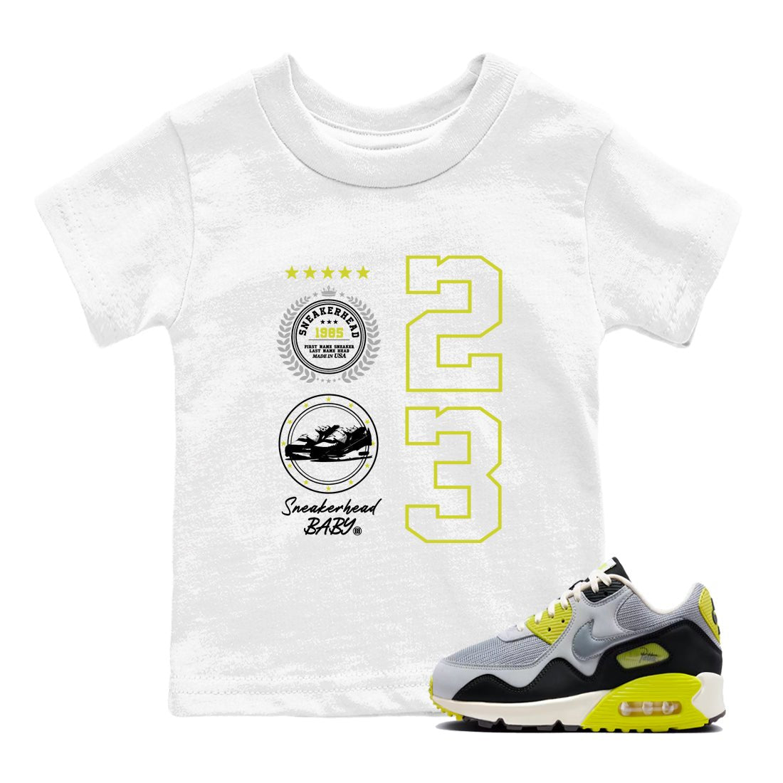Sneaker Emblem baby and kids t-shirt crafted for little sneakerheads to shine with the Air Max 90 Cyber sneakers, displayed in White 1.