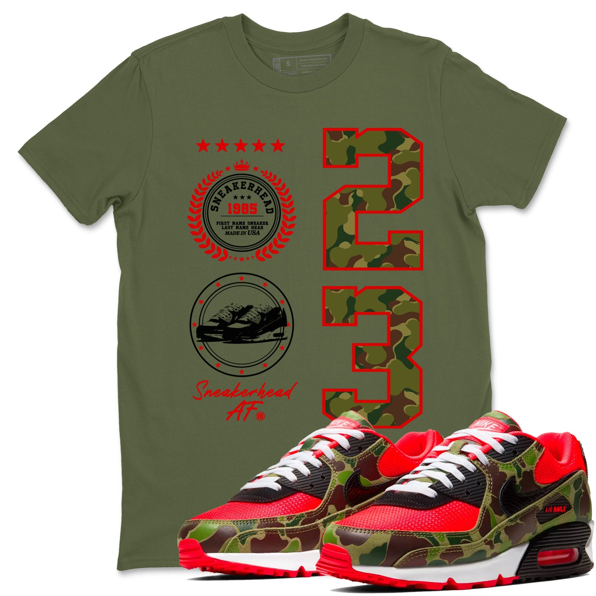 Air Max 90 Duck Camo shirts to match jordans Sneaker Emblem sneaker match tees Air Max 90 Reverse Duck Camo match shoes to clothes SNRT Sneaker Tees unisex cotton Military Green 1 shirts