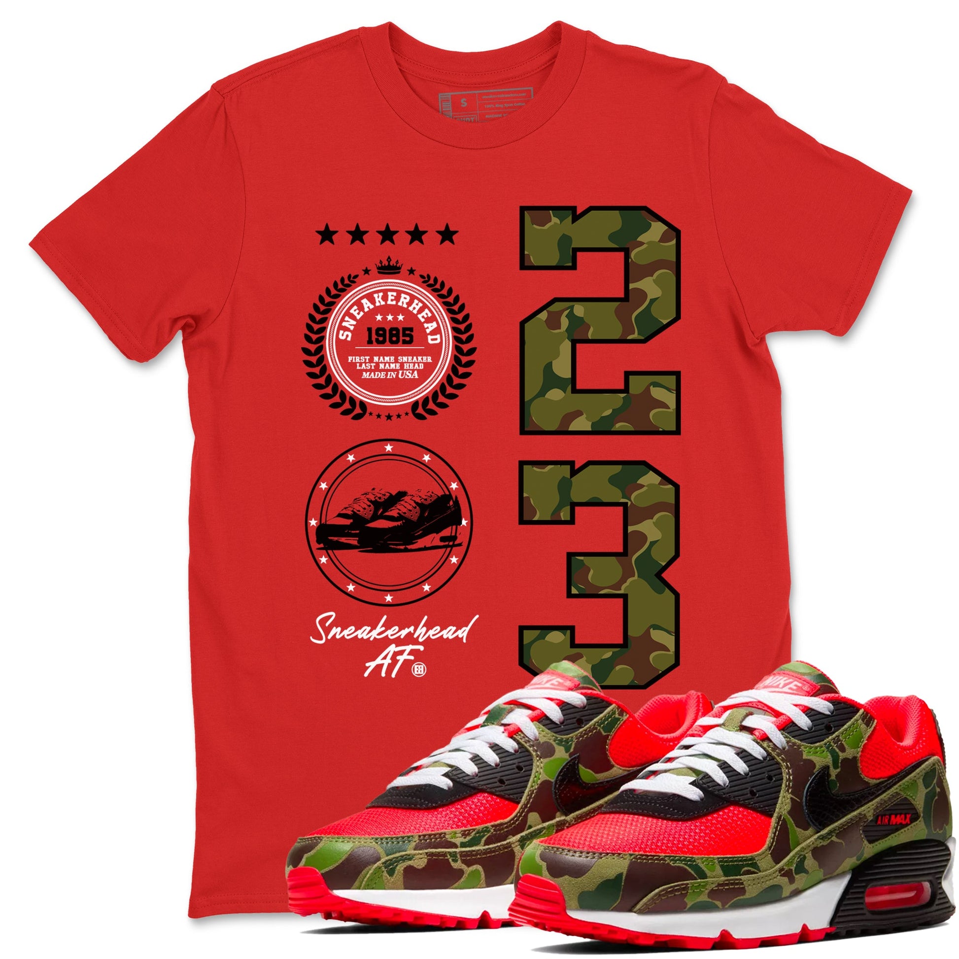 Air Max 90 Duck Camo shirts to match jordans Sneaker Emblem sneaker match tees Air Max 90 Reverse Duck Camo match shoes to clothes SNRT Sneaker Tees unisex cotton Red 1 shirts