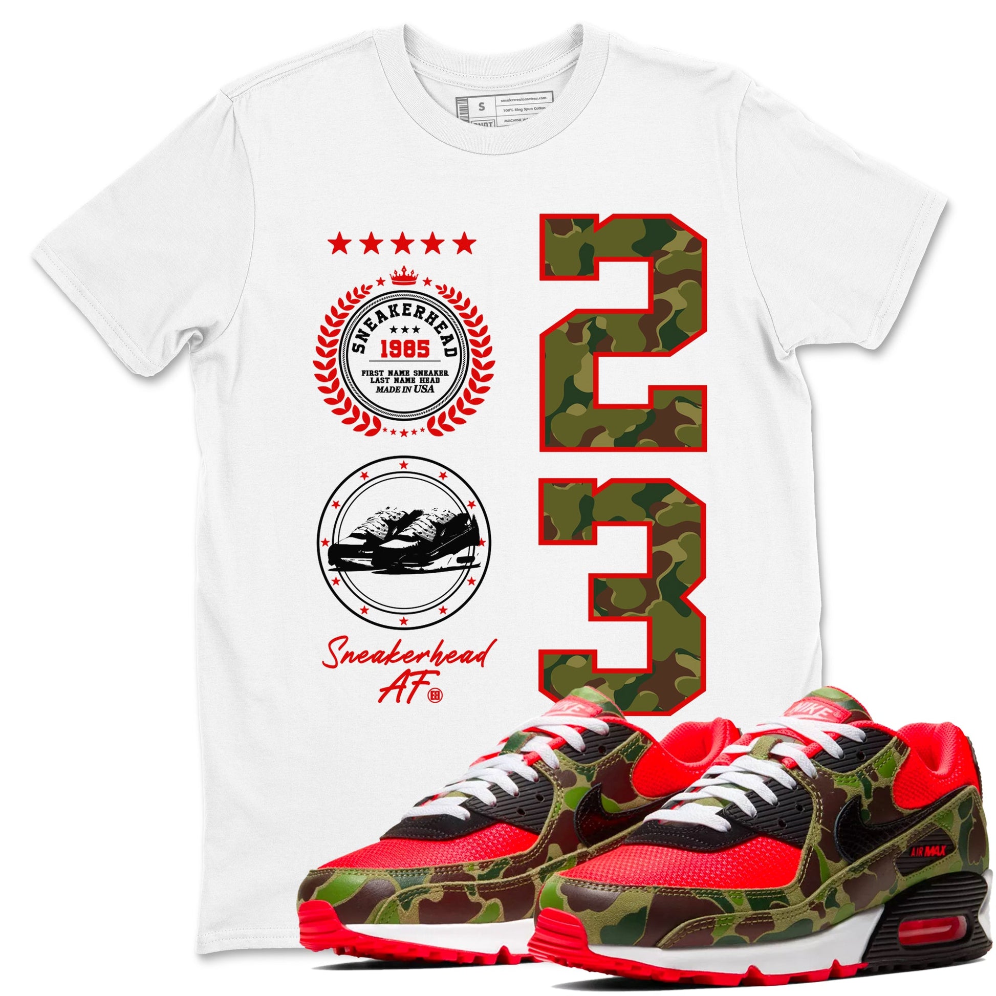 Air Max 90 Duck Camo shirts to match jordans Sneaker Emblem sneaker match tees Air Max 90 Reverse Duck Camo match shoes to clothes SNRT Sneaker Tees unisex cotton White 1 shirts