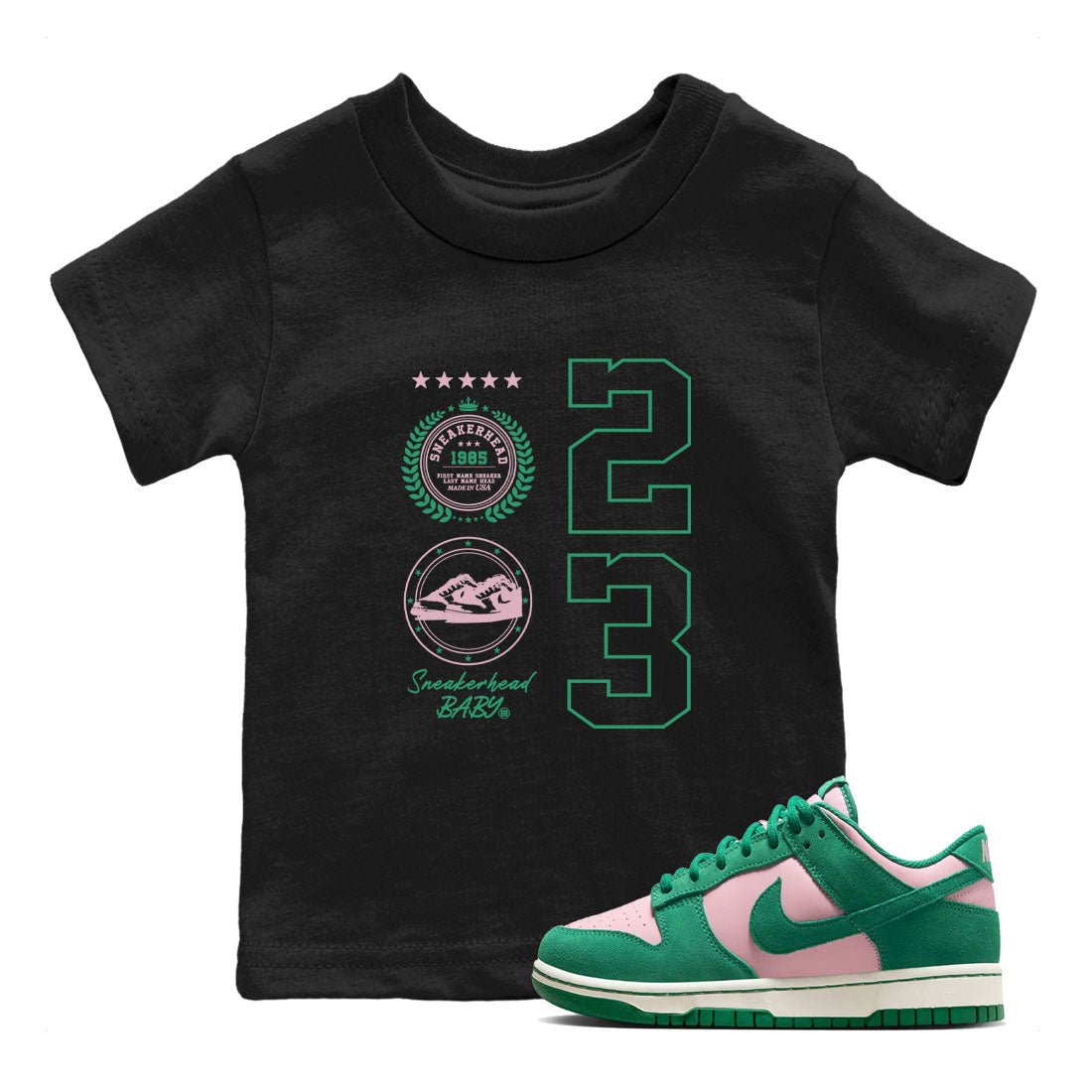 Dunk Low Medium Soft Pink Malachite shirt to match jordans Sneaker Emblem sneaker tees Dunks Medium Soft Pink Malachite Streetwear Brand SNRT Sneaker Release Tees baby toddler Black 1 cotton Shirt