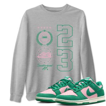 Dunk Low Medium Soft Pink Malachite shirt to match jordans Sneaker Emblem sneaker tees Dunks Medium Soft Pink Malachite Streetwear Brand SNRT Sneaker Release Tees unisex cotton Heather Grey 1 crew neck shirt