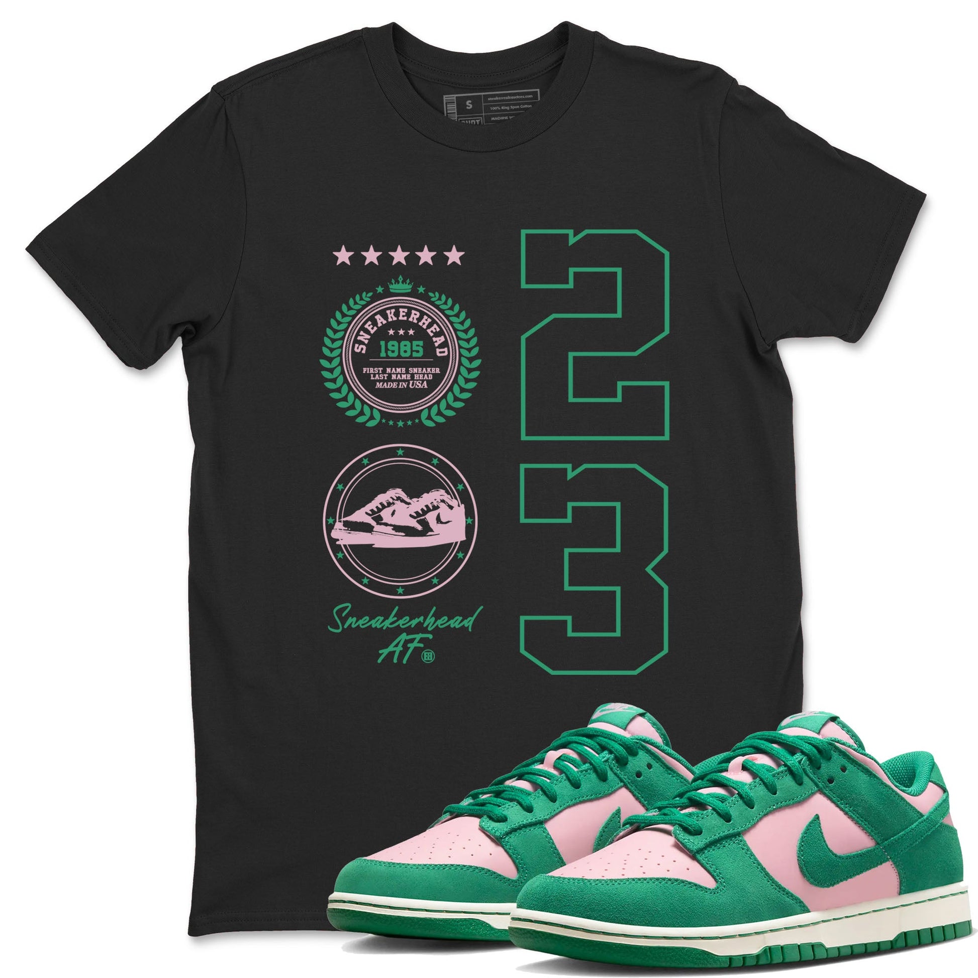 Dunk Low Medium Soft Pink Malachite shirt to match jordans Sneaker Emblem sneaker tees Dunks Medium Soft Pink Malachite Streetwear Brand SNRT Sneaker Release Tees unisex cotton Black 1 crew neck shirt
