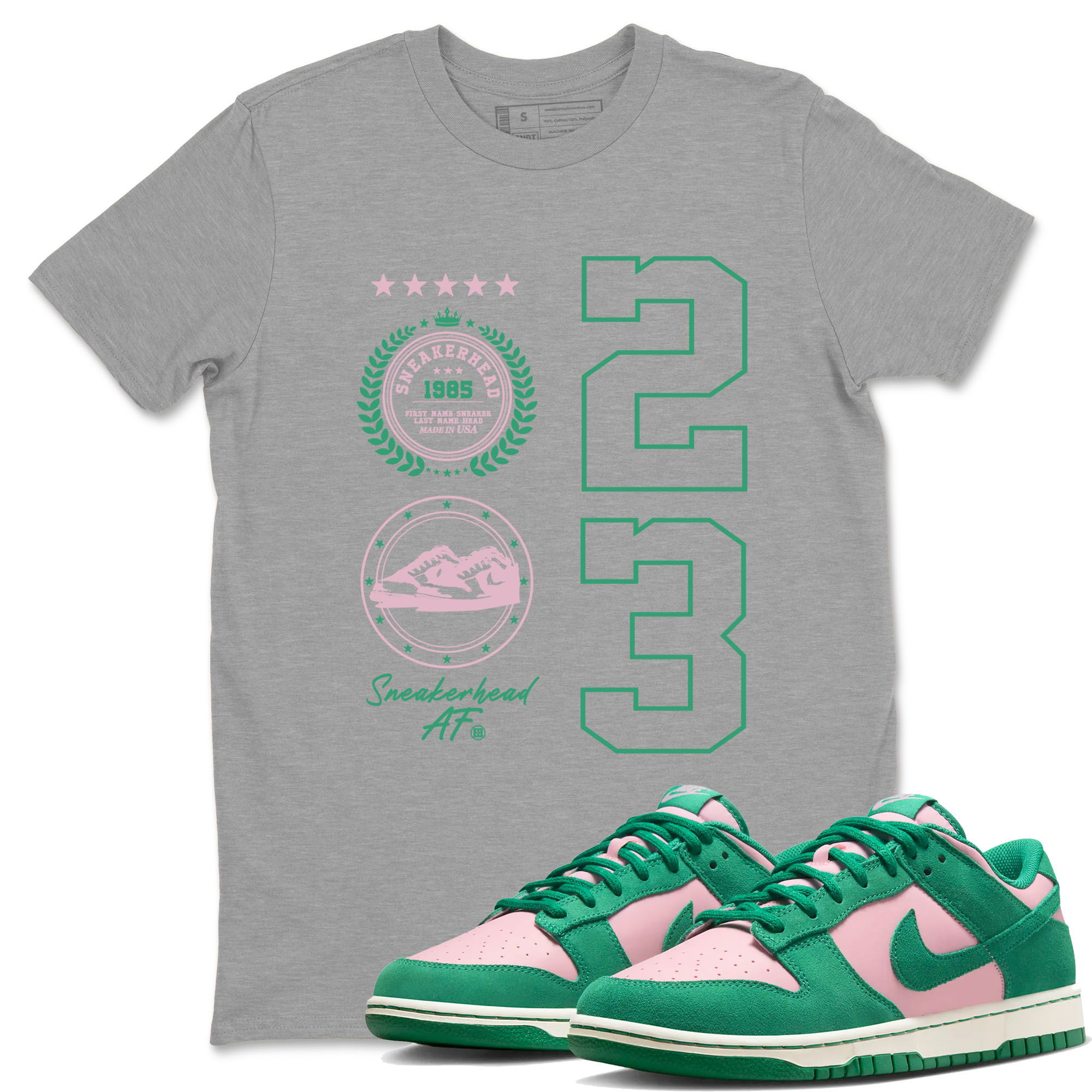 Dunk Low Medium Soft Pink Malachite shirt to match jordans Sneaker Emblem sneaker tees Dunks Medium Soft Pink Malachite Streetwear Brand SNRT Sneaker Release Tees unisex cotton Heather Grey 1 crew neck shirt