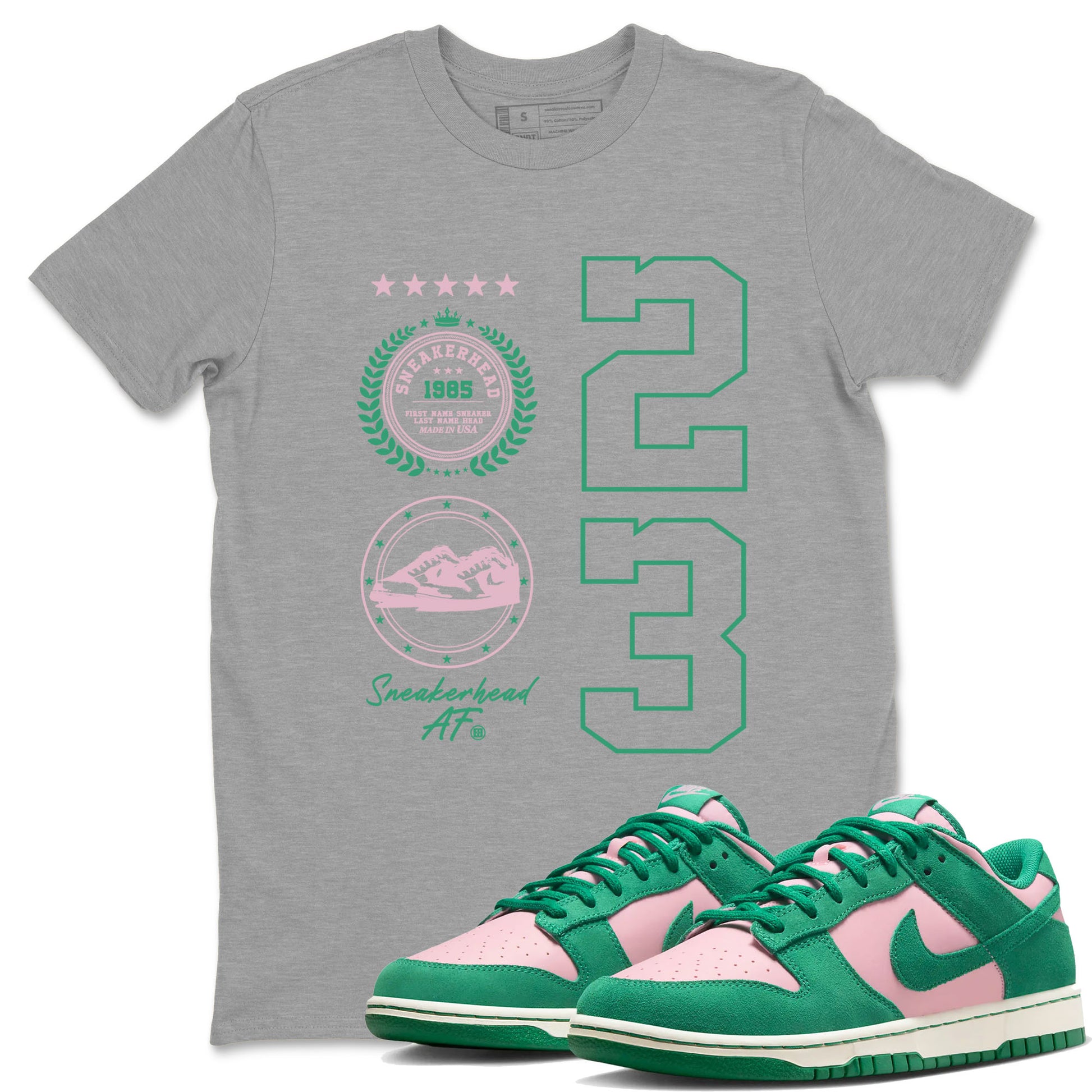 Dunk Low Medium Soft Pink Malachite shirt to match jordans Sneaker Emblem sneaker tees Dunks Medium Soft Pink Malachite Streetwear Brand SNRT Sneaker Release Tees unisex cotton Heather Grey 1 crew neck shirt
