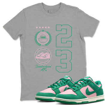 Dunk Low Medium Soft Pink Malachite shirt to match jordans Sneaker Emblem sneaker tees Dunks Medium Soft Pink Malachite Streetwear Brand SNRT Sneaker Release Tees unisex cotton Heather Grey 1 crew neck shirt