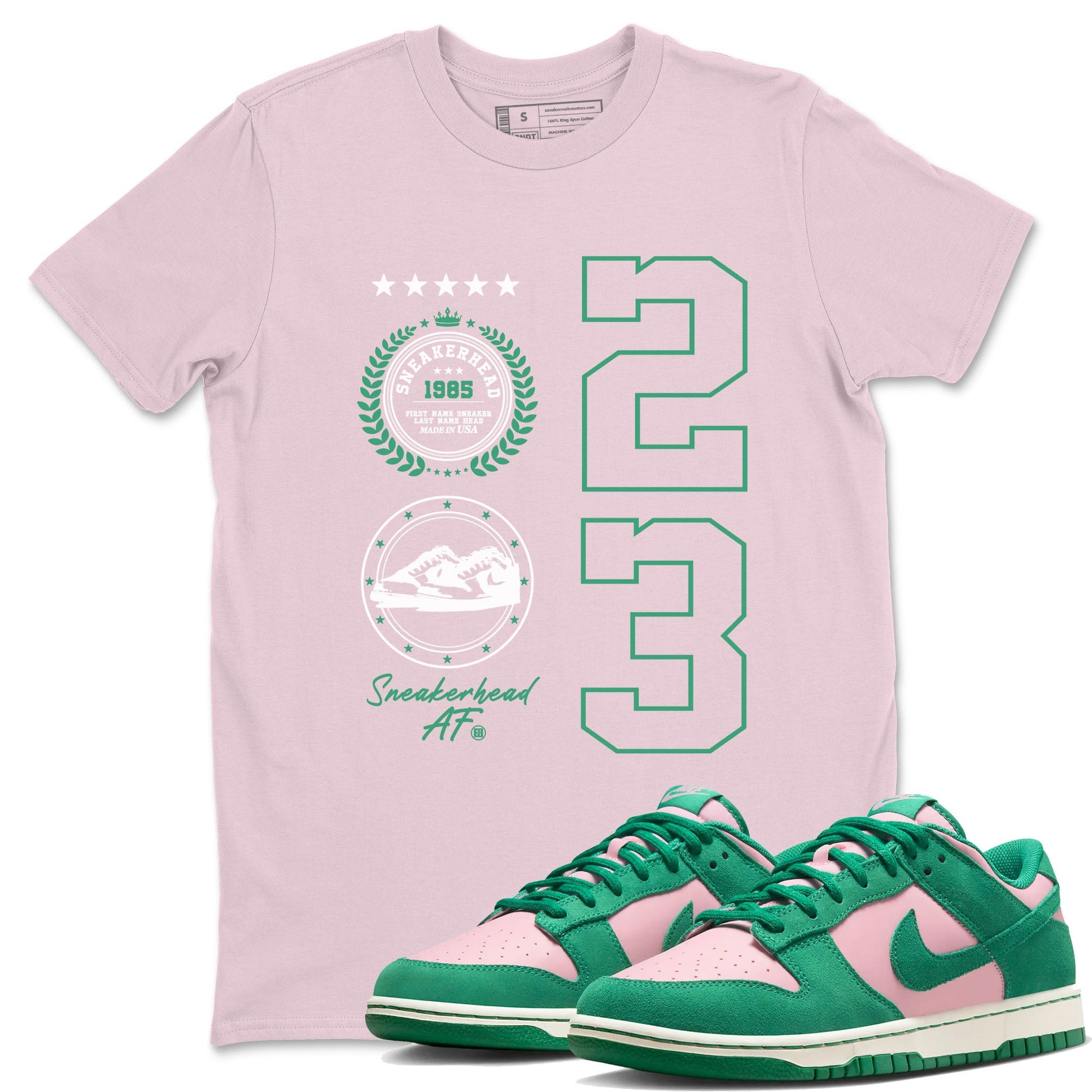 Dunk Low Medium Soft Pink Malachite shirt to match jordans Sneaker Emblem sneaker tees Dunks Medium Soft Pink Malachite Streetwear Brand SNRT Sneaker Release Tees unisex cotton Pink 1 crew neck shirt