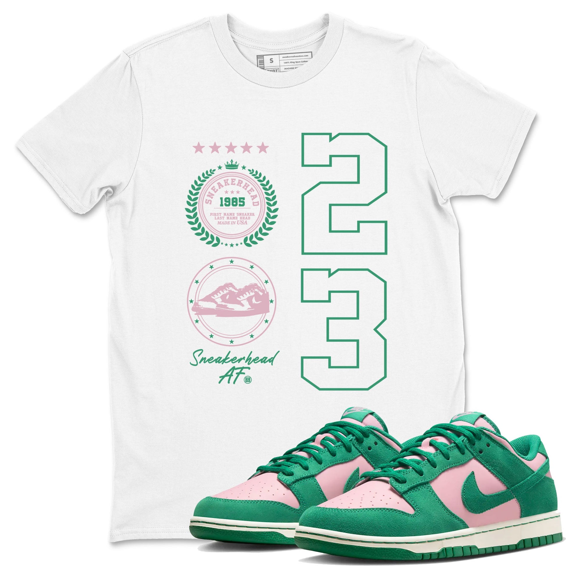 Dunk Low Medium Soft Pink Malachite shirt to match jordans Sneaker Emblem sneaker tees Dunks Medium Soft Pink Malachite Streetwear Brand SNRT Sneaker Release Tees unisex cotton White 1 crew neck shirt