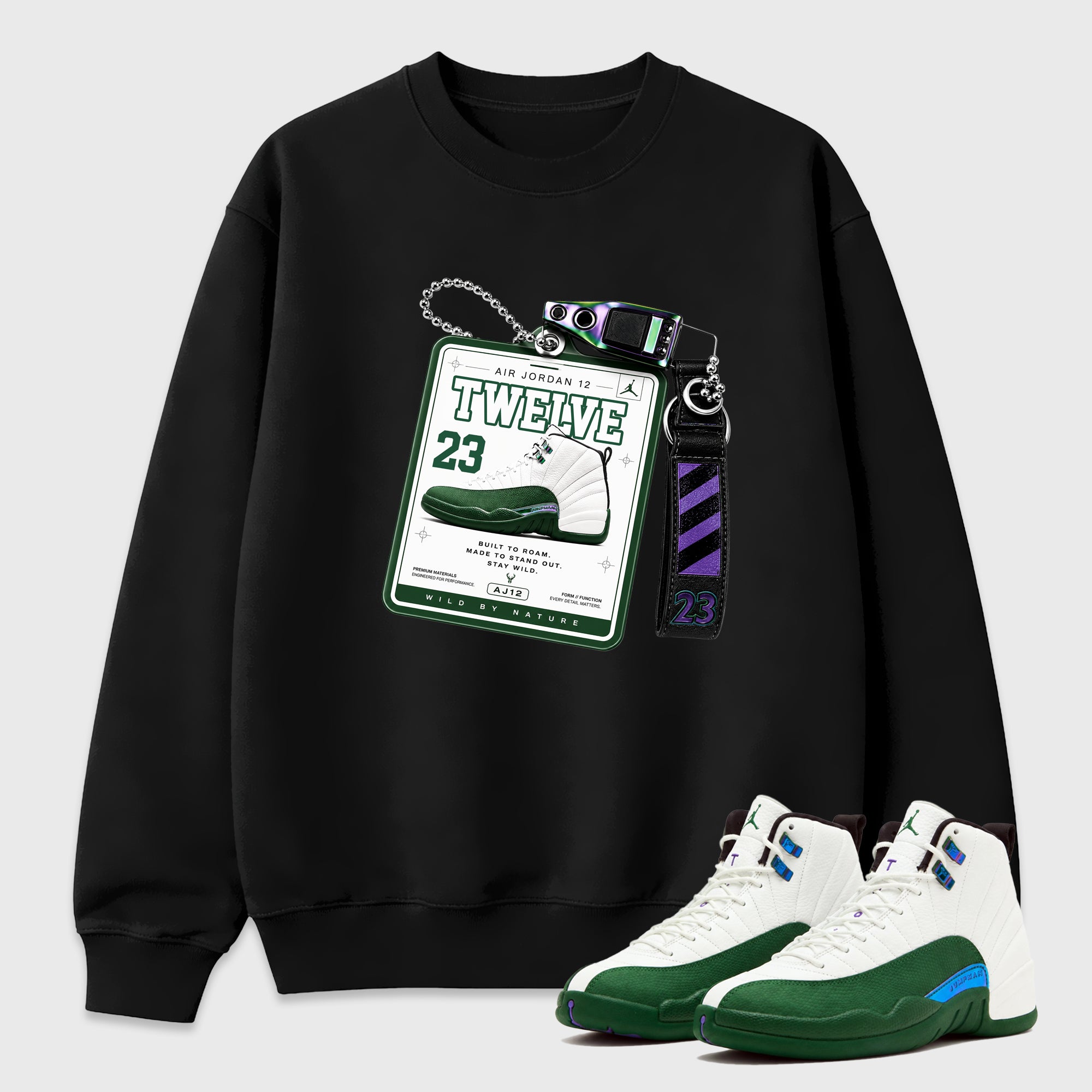 Sneaker Hang Tag Graphic T-Shirt featuring original streetwear artwork designed to match the Air Jordan 12 Summit Green. Black 1 Graphic Tee.