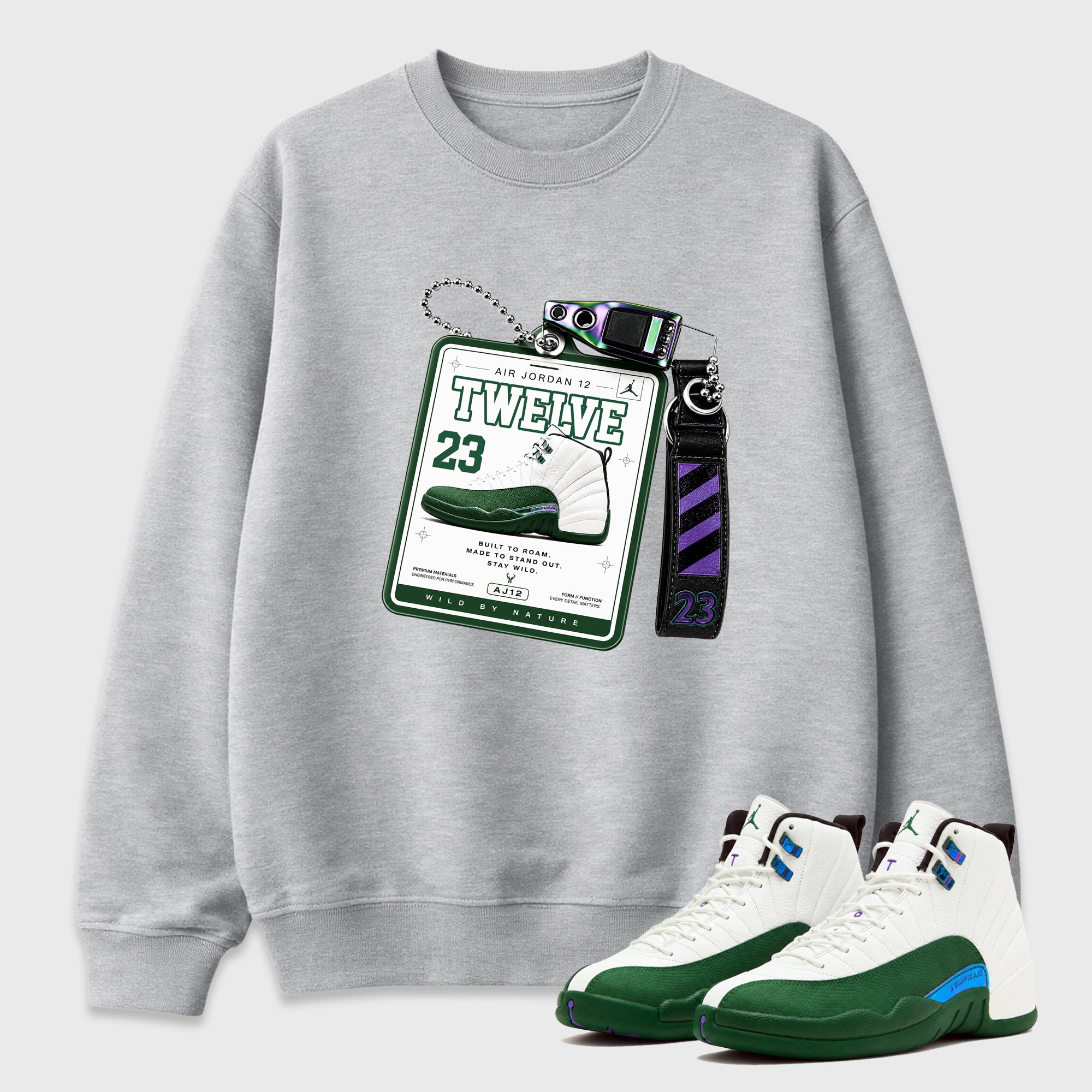 Sneaker Hang Tag Graphic T-Shirt featuring original streetwear artwork designed to match the Air Jordan 12 Summit Green. Heather Grey 1 Graphic Tee.