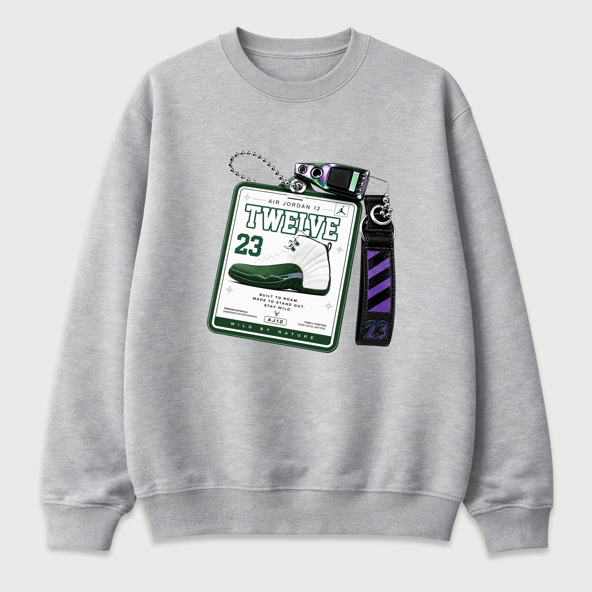 Sneaker Hang Tag Graphic T-Shirt featuring original streetwear artwork designed to match the Air Jordan 12 Summit Green. Heather Grey 2 Graphic Tee.