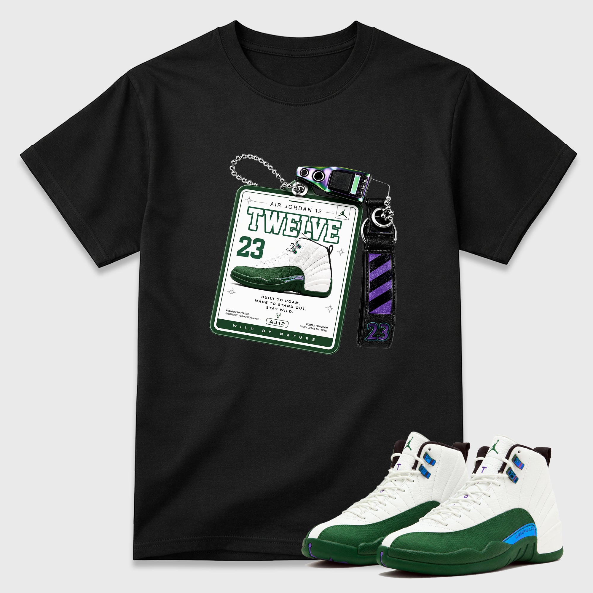 Sneaker Hang Tag Graphic T-Shirt featuring original streetwear artwork designed to match the Air Jordan 12 Summit Green. Black 1 Graphic T-Shirt.