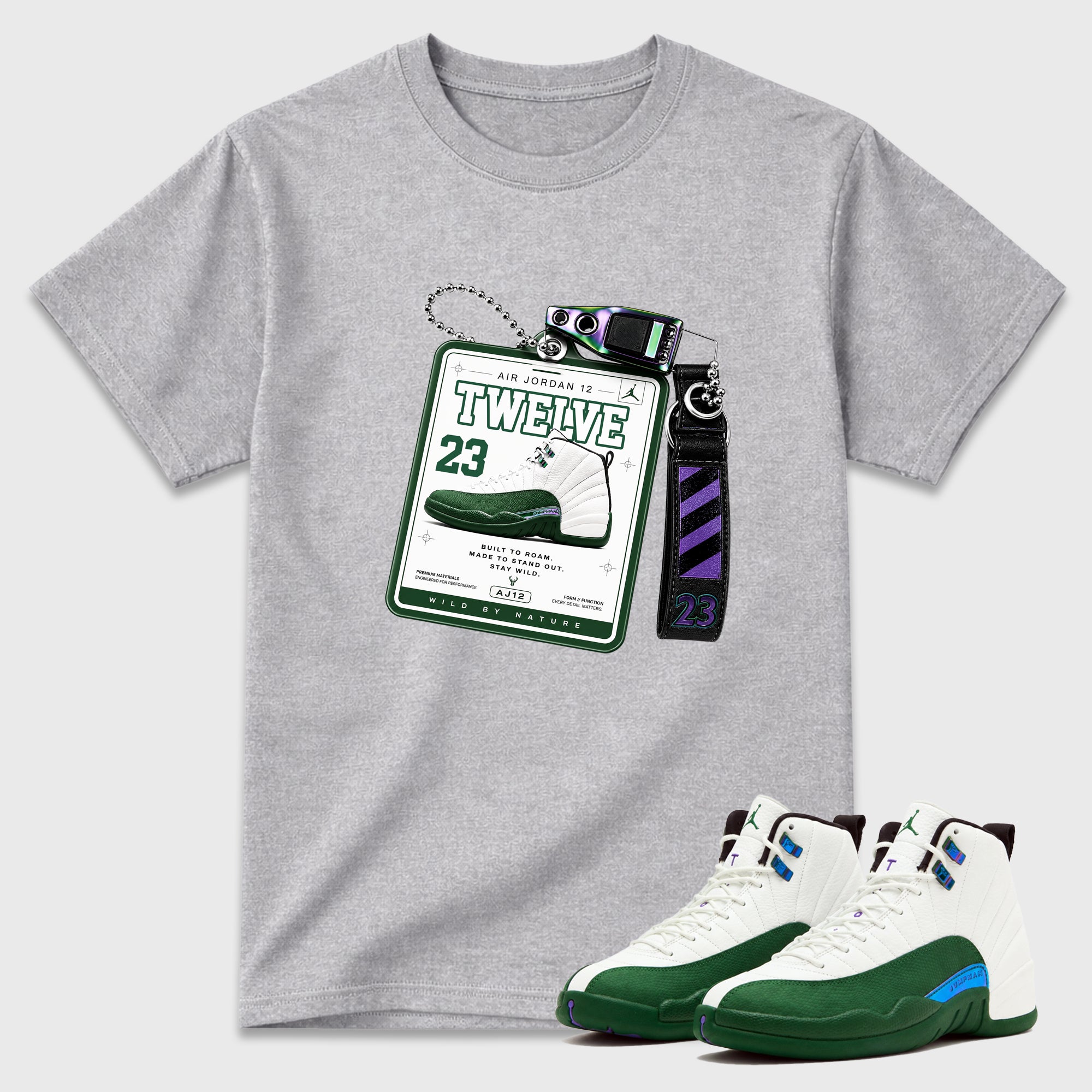 Sneaker Hang Tag Graphic T-Shirt featuring original streetwear artwork designed to match the Air Jordan 12 Summit Green. Heather Grey 1 Graphic T-Shirt.