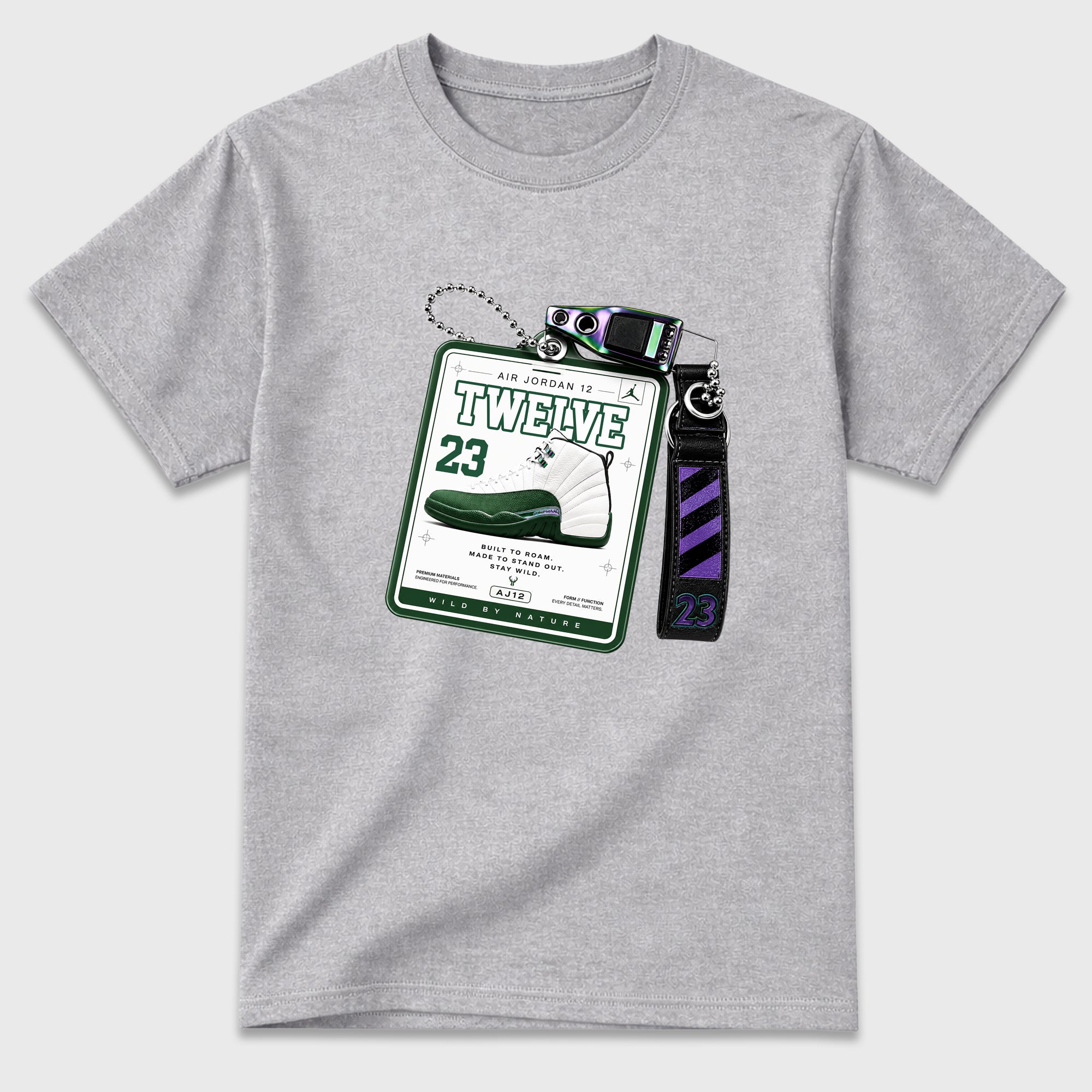 Sneaker Hang Tag Graphic T-Shirt featuring original streetwear artwork designed to match the Air Jordan 12 Summit Green. Heather Grey 2 Graphic T-Shirt.