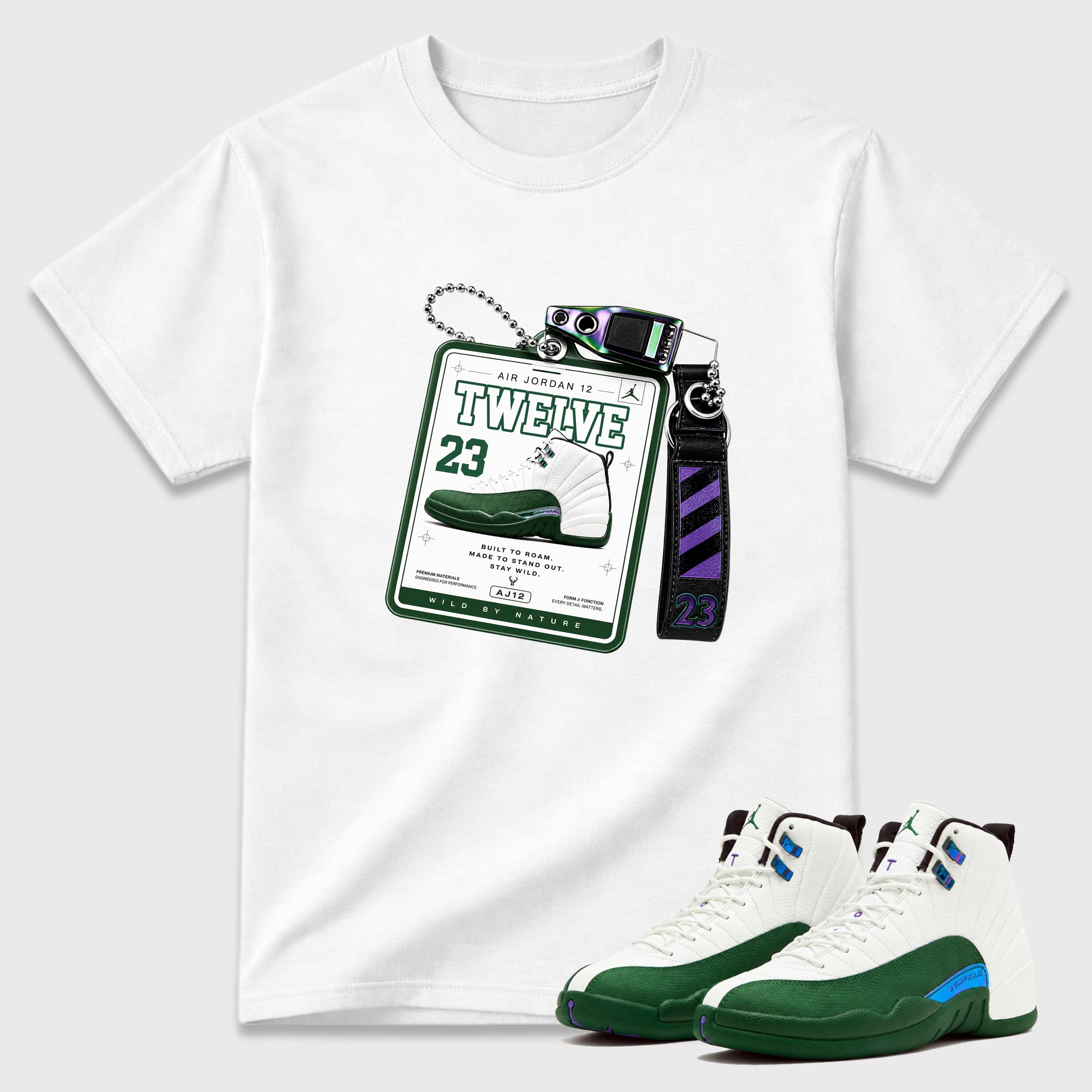 Sneaker Hang Tag Graphic T-Shirt featuring original streetwear artwork designed to match the Air Jordan 12 Summit Green. White 1 Graphic T-Shirt.