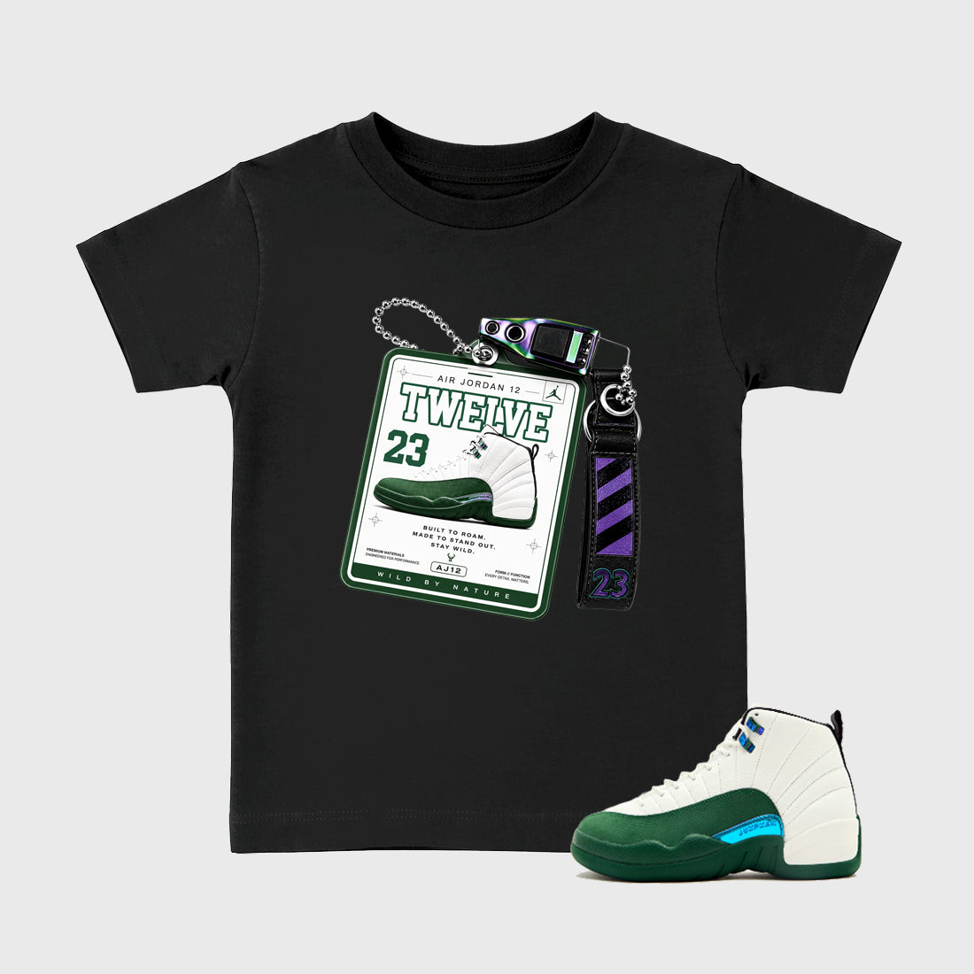 Sneaker Hang Tag Baby & Kids Graphic T-Shirt featuring original artwork designed to match the Air Jordan 12 Summit Green. Black 1 Kids Graphic Tee.