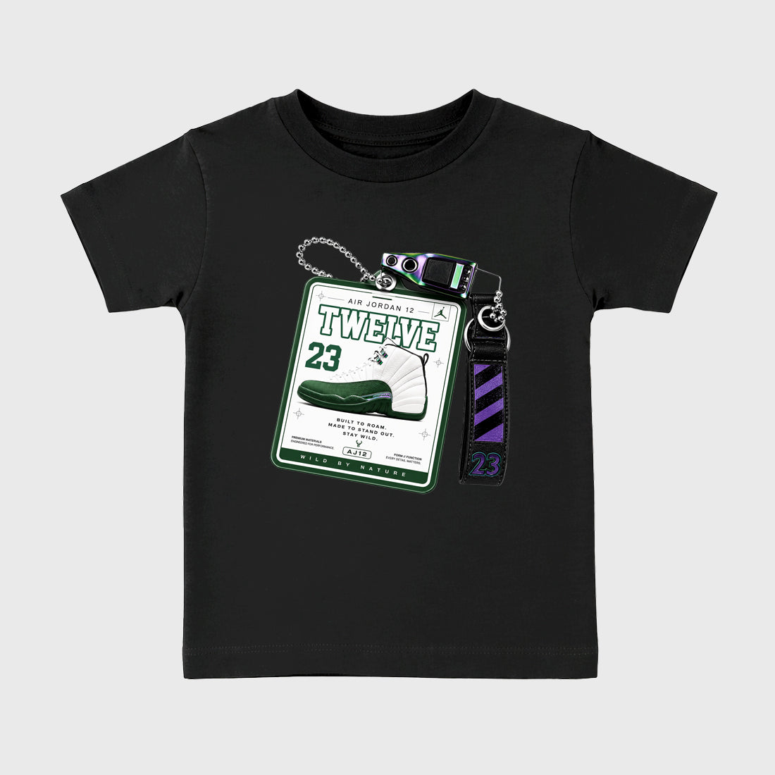 Sneaker Hang Tag Baby & Kids Graphic T-Shirt featuring original artwork designed to match the Air Jordan 12 Summit Green. Black 2 Kids Graphic Tee.