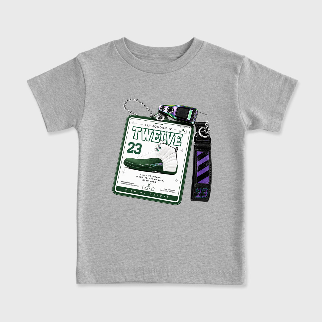 Sneaker Hang Tag Baby & Kids Graphic T-Shirt featuring original artwork designed to match the Air Jordan 12 Summit Green. Heather Grey 2 Kids Graphic Tee.