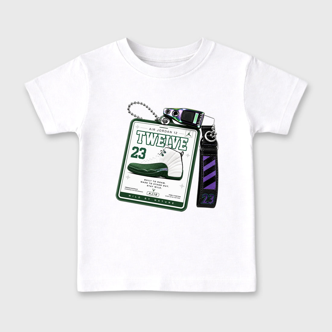 Sneaker Hang Tag Baby & Kids Graphic T-Shirt featuring original artwork designed to match the Air Jordan 12 Summit Green. White 2 Kids Graphic Tee.