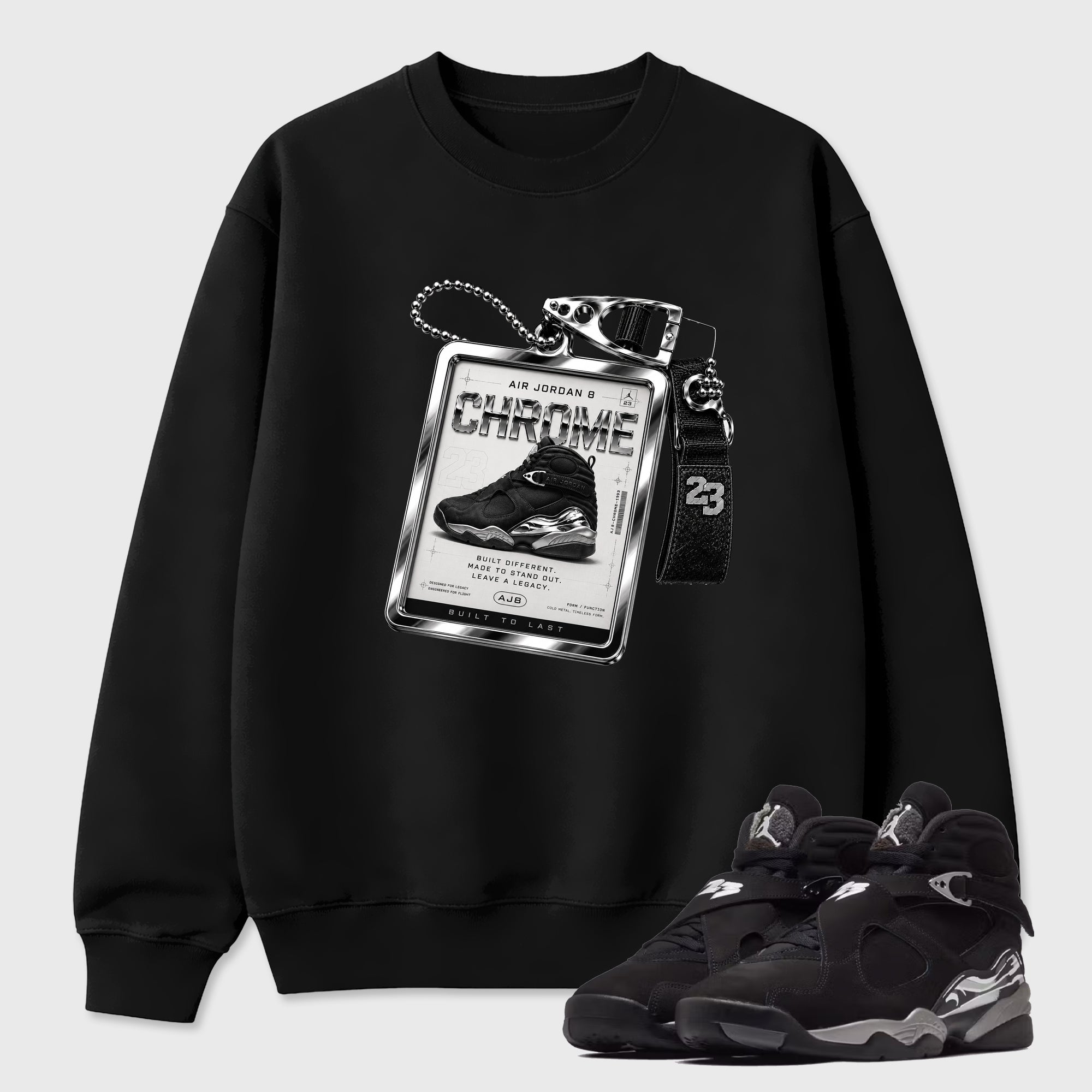 Sneaker Hang Tag Graphic T-Shirt featuring original streetwear artwork designed to match the Air Jordan 8 Chrome. Black 1 Graphic Tee.