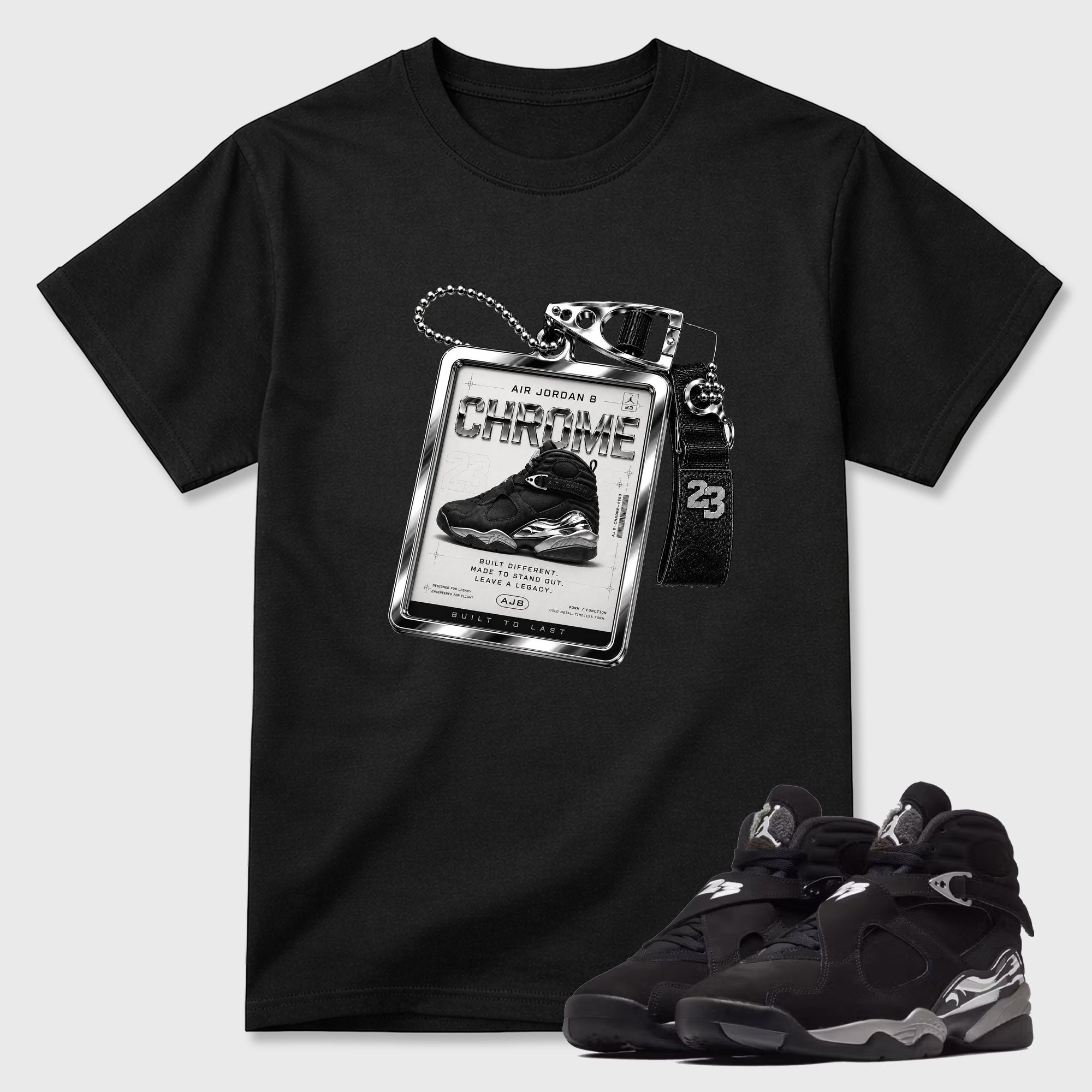 Sneaker Hang Tag Graphic T-Shirt featuring original streetwear artwork designed to match the Air Jordan 8 Chrome. Black 1 Graphic T-Shirt.