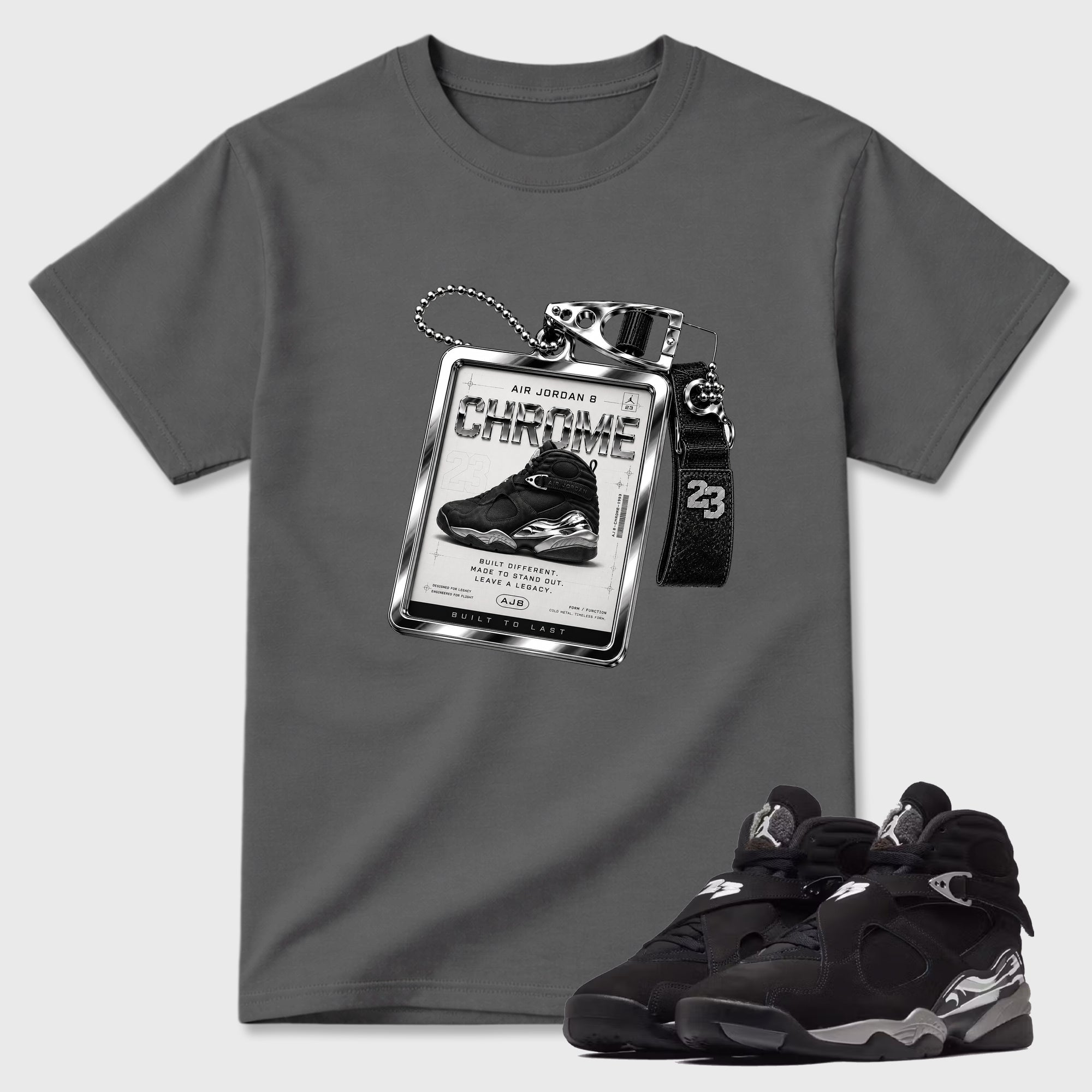 Sneaker Hang Tag Graphic T-Shirt featuring original streetwear artwork designed to match the Air Jordan 8 Chrome. Cool Grey 1 Graphic T-Shirt.