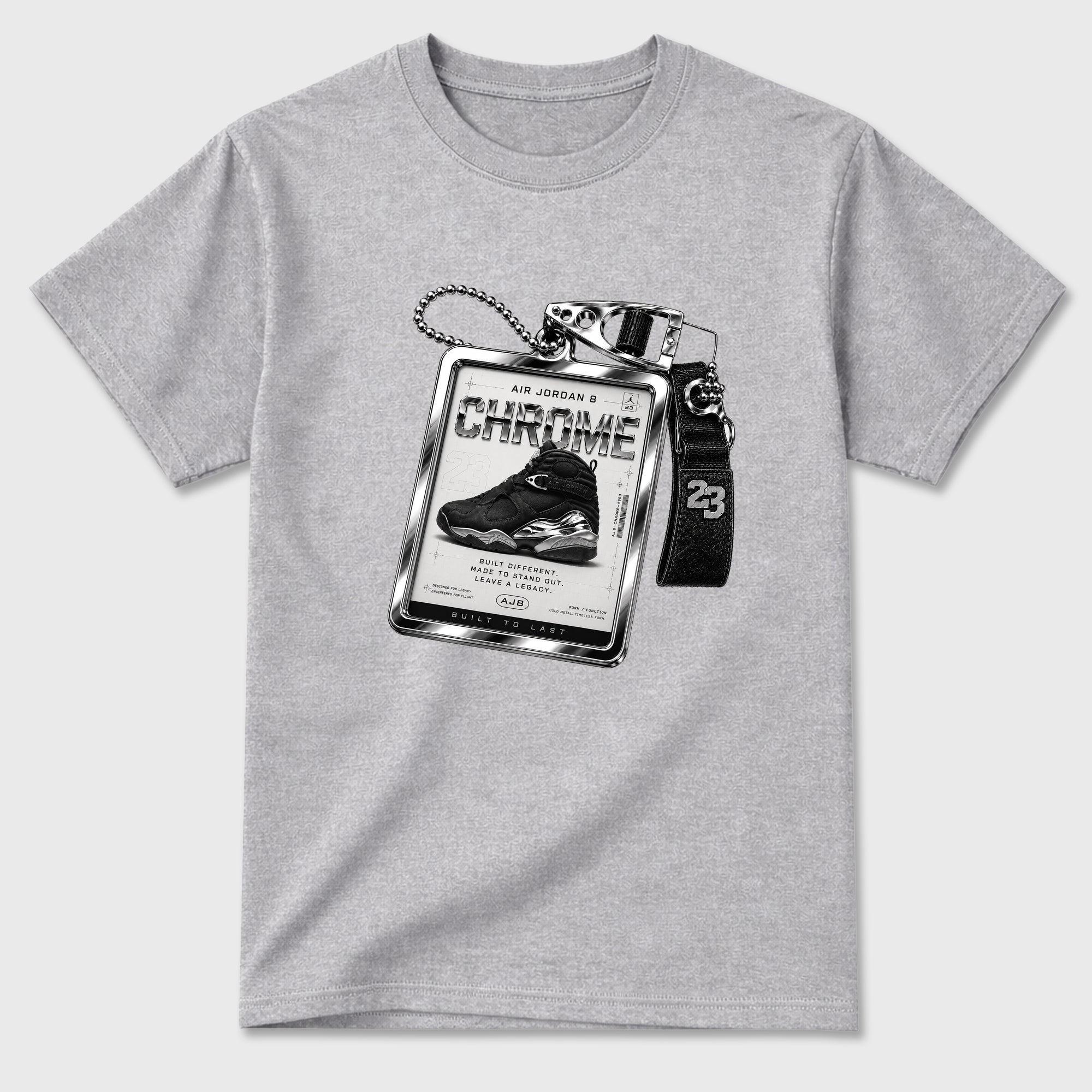 Sneaker Hang Tag Graphic T-Shirt featuring original streetwear artwork designed to match the Air Jordan 8 Chrome. Heather Grey 2 Graphic T-Shirt.