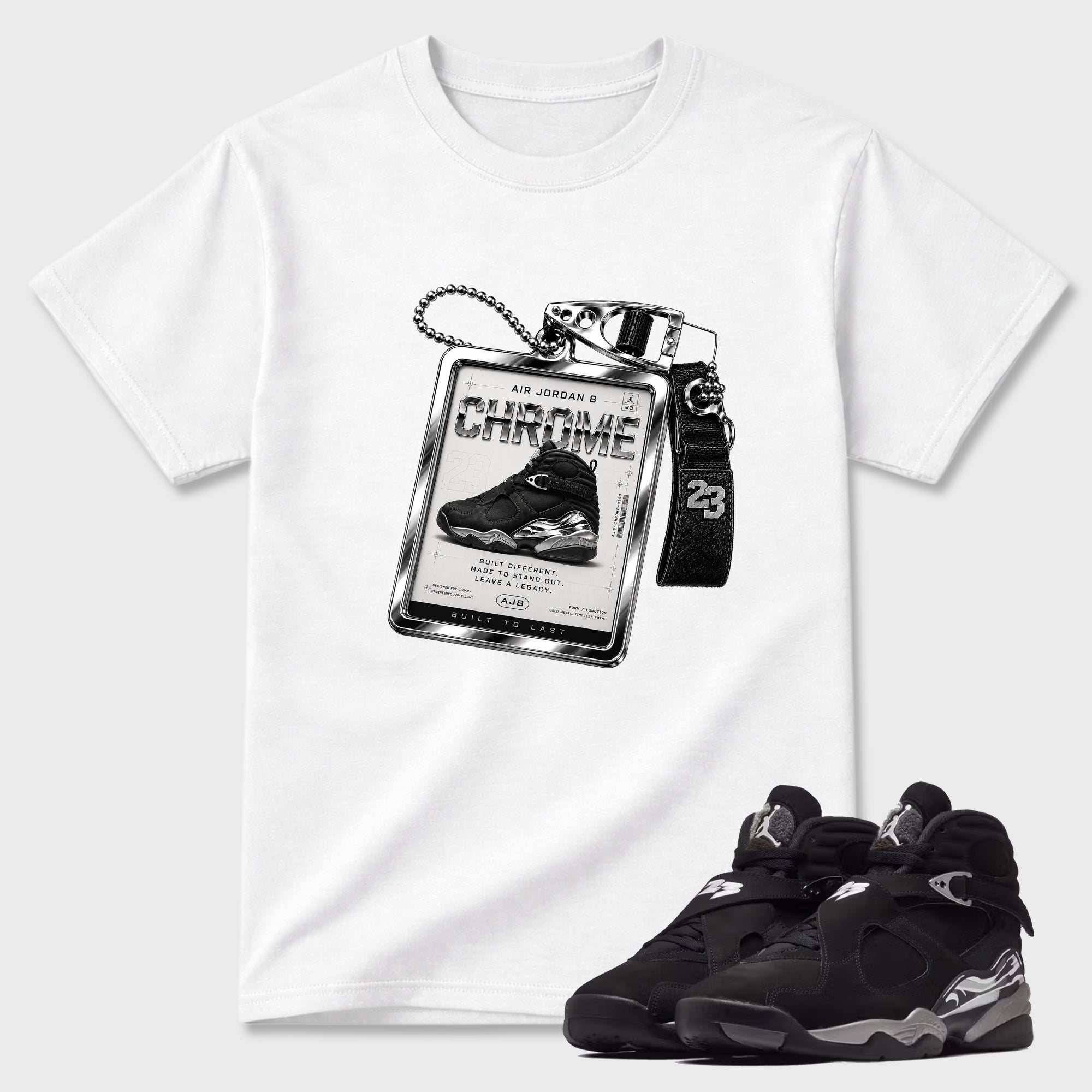 Sneaker Hang Tag Graphic T-Shirt featuring original streetwear artwork designed to match the Air Jordan 8 Chrome. White 1 Graphic T-Shirt.