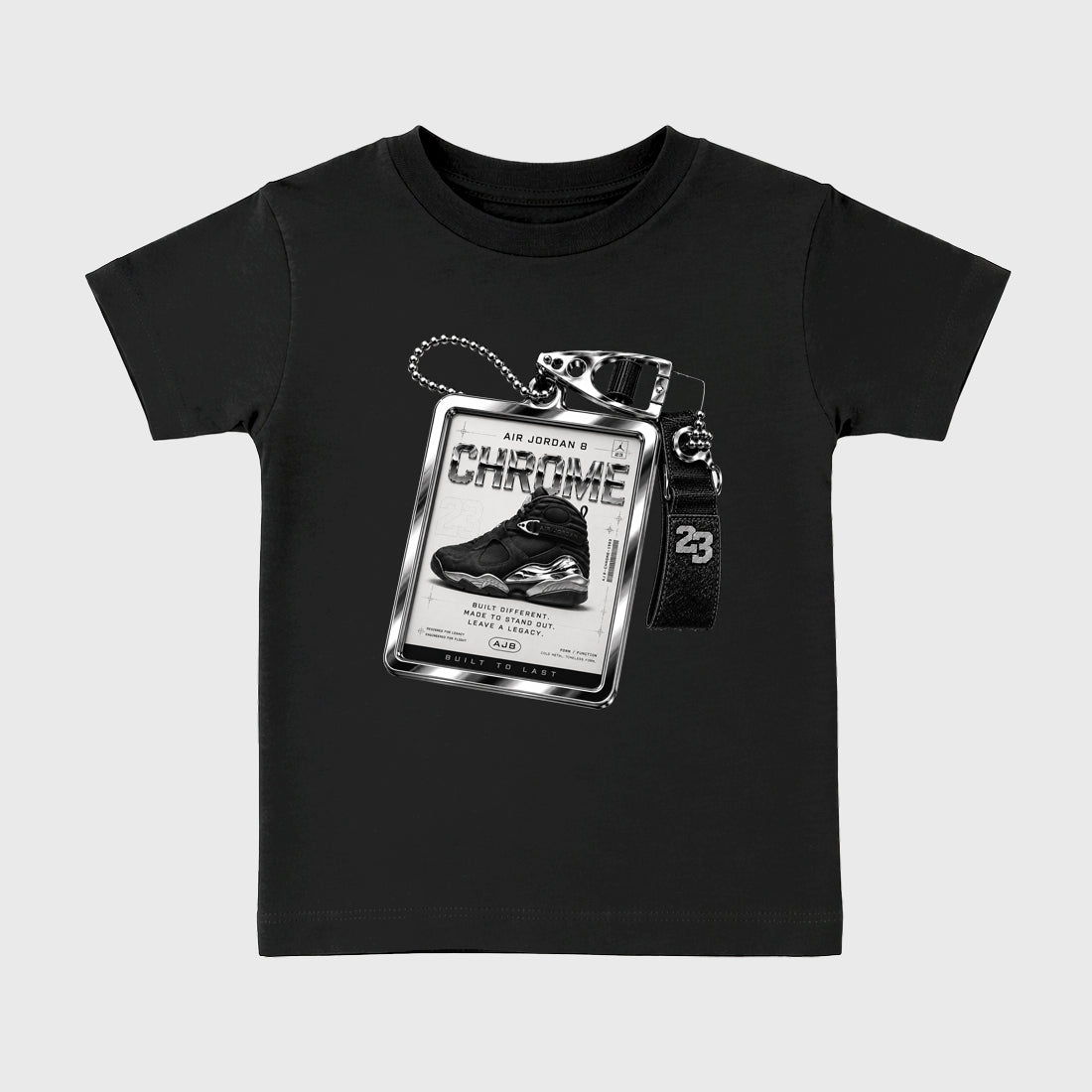 Sneaker Hang Tag Baby & Kids Graphic T-Shirt featuring original artwork designed to match the Air Jordan 8 Chrome. Black 2 Kids Graphic Tee.