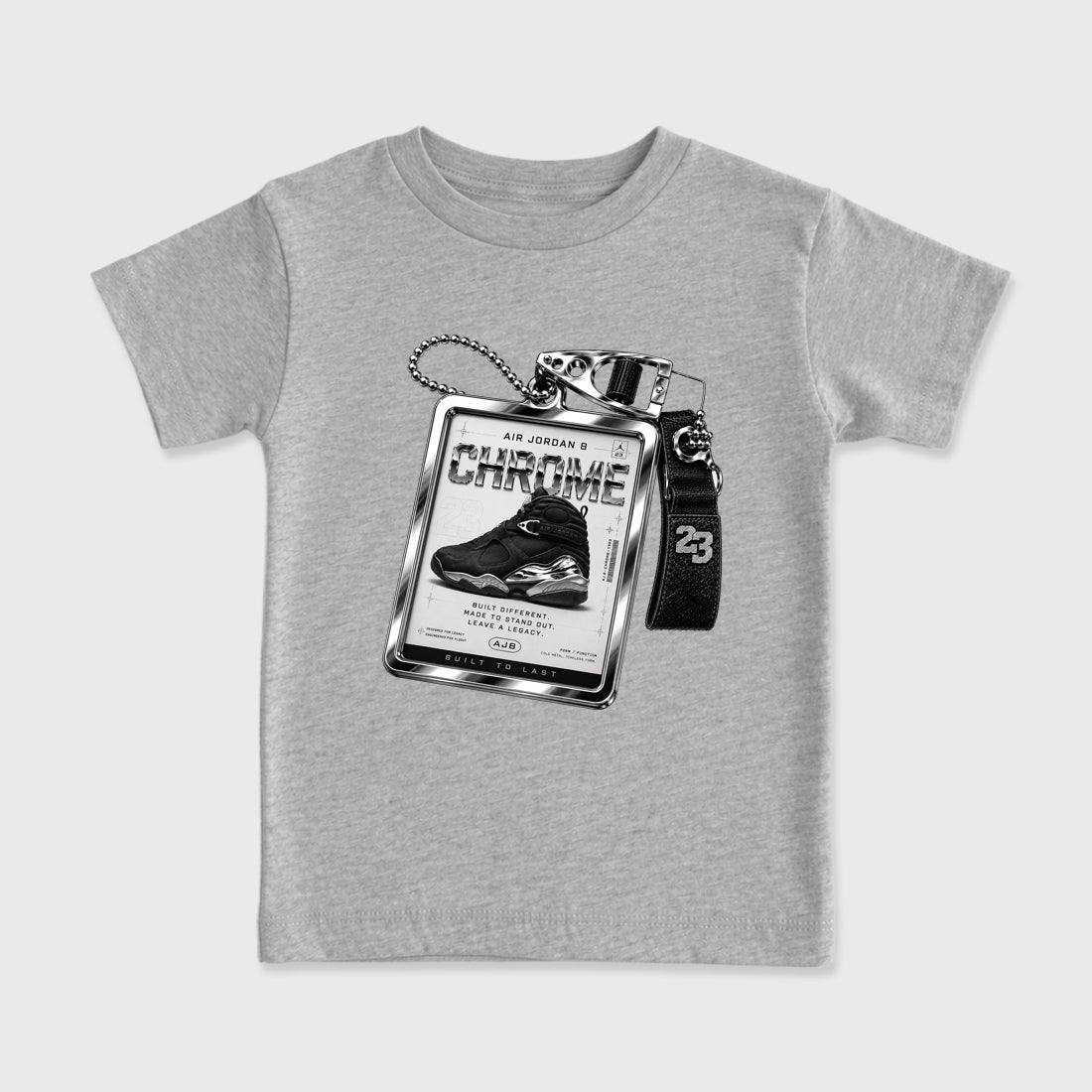 Sneaker Hang Tag Baby & Kids Graphic T-Shirt featuring original artwork designed to match the Air Jordan 8 Chrome. Heather Grey 2 Kids Graphic Tee.