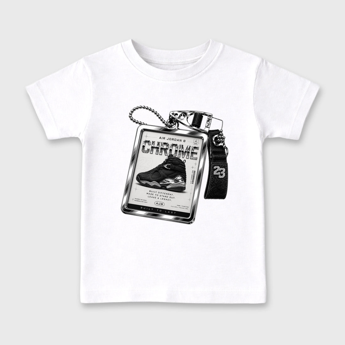 Sneaker Hang Tag Baby & Kids Graphic T-Shirt featuring original artwork designed to match the Air Jordan 8 Chrome. White 2 Kids Graphic Tee.