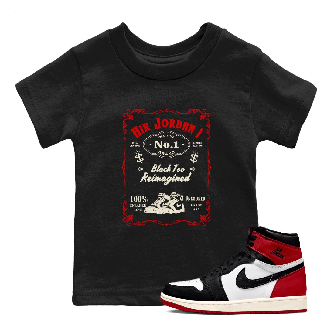 Air Jordan 1 High OG Black Toe Reimagined shirts to match jordans Sneaker Label sneaker match tees 1s Black Toe Reimagined Sneaker Shirts SNRT Sneaker Tees streetwear brand Baby and Youth Black 1 cotton tee