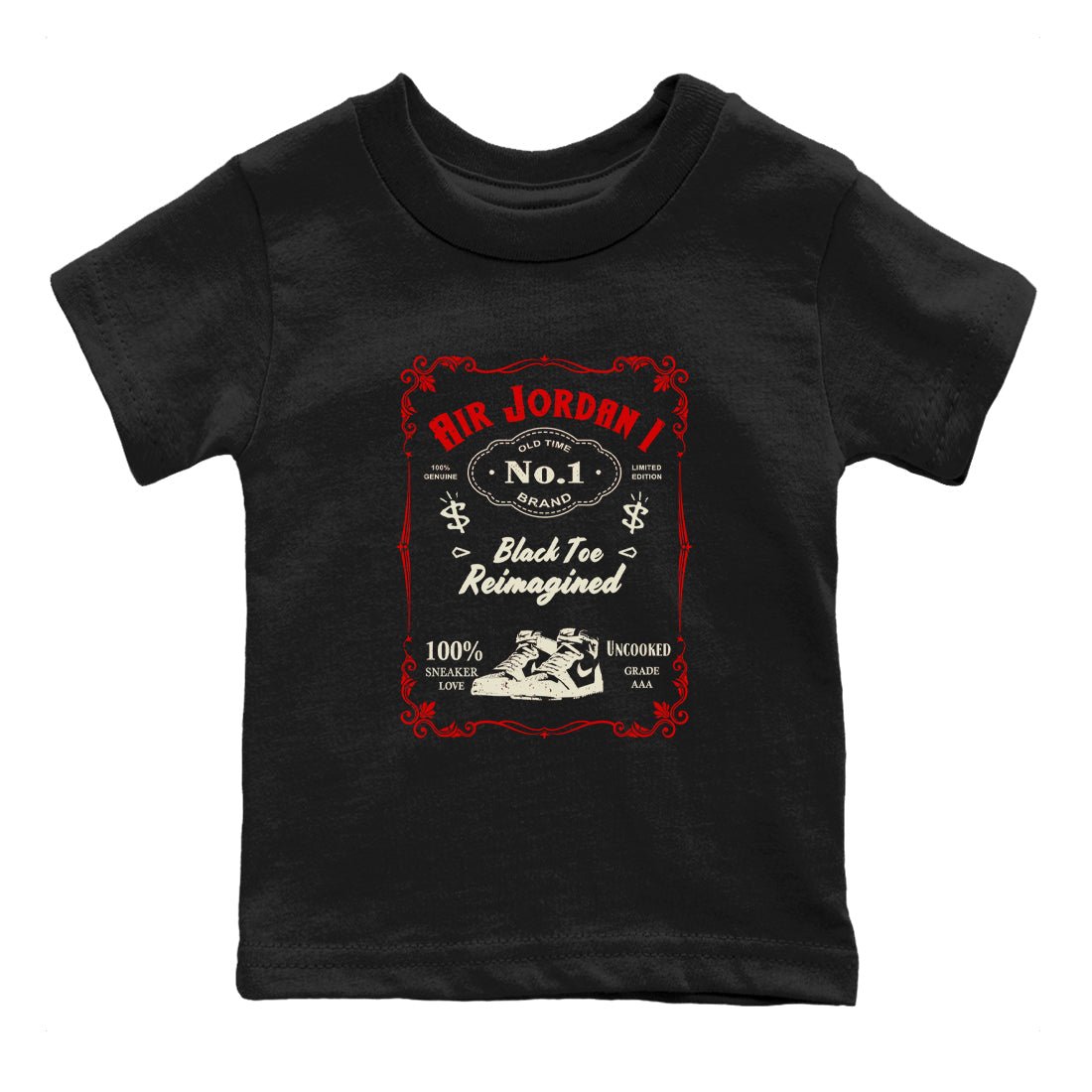 Air Jordan 1 High OG Black Toe Reimagined shirts to match jordans Sneaker Label sneaker match tees 1s Black Toe Reimagined Sneaker Shirts SNRT Sneaker Tees streetwear brand Baby and Youth Black 2 cotton tee