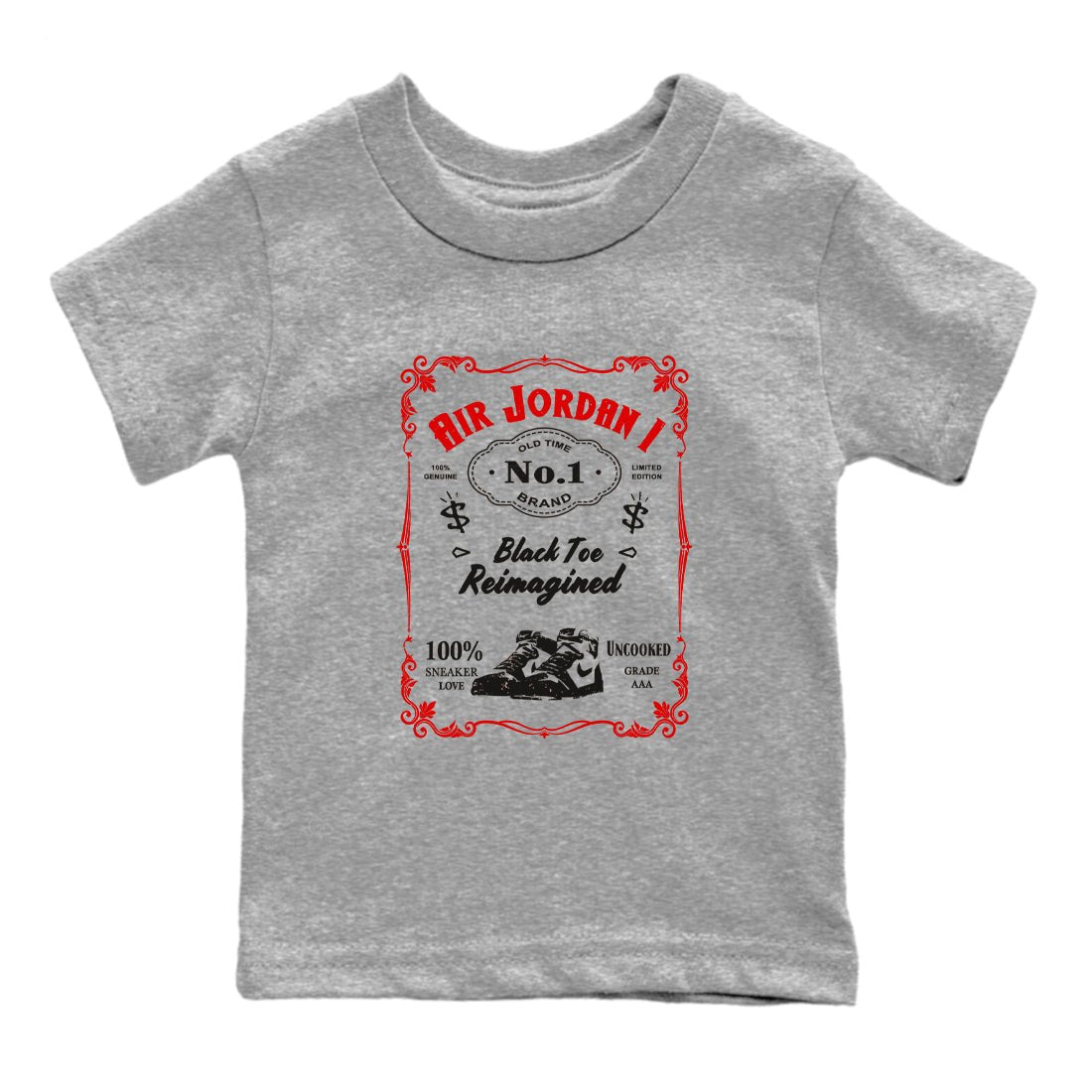 Air Jordan 1 High OG Black Toe Reimagined shirts to match jordans Sneaker Label sneaker match tees 1s Black Toe Reimagined Sneaker Shirts SNRT Sneaker Tees streetwear brand Baby and Youth Heather Grey 2 cotton tee