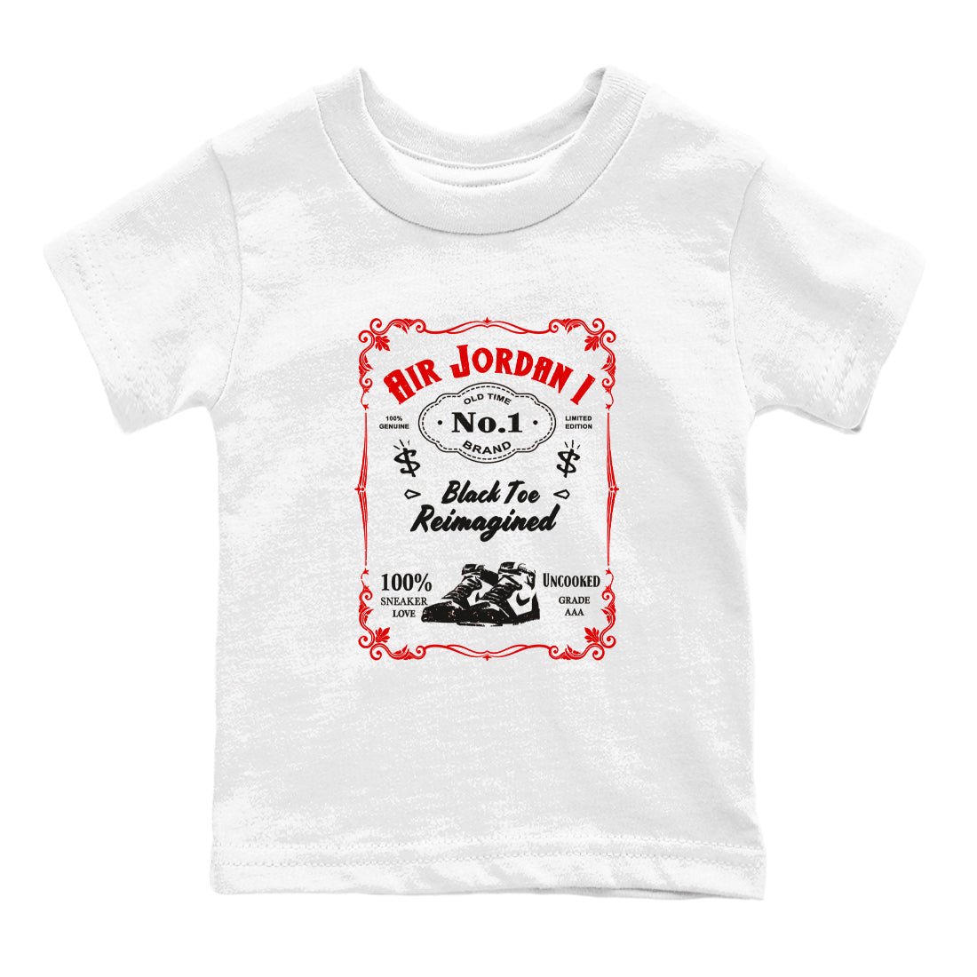 Air Jordan 1 High OG Black Toe Reimagined shirts to match jordans Sneaker Label sneaker match tees 1s Black Toe Reimagined Sneaker Shirts SNRT Sneaker Tees streetwear brand Baby and Youth White 2 cotton tee