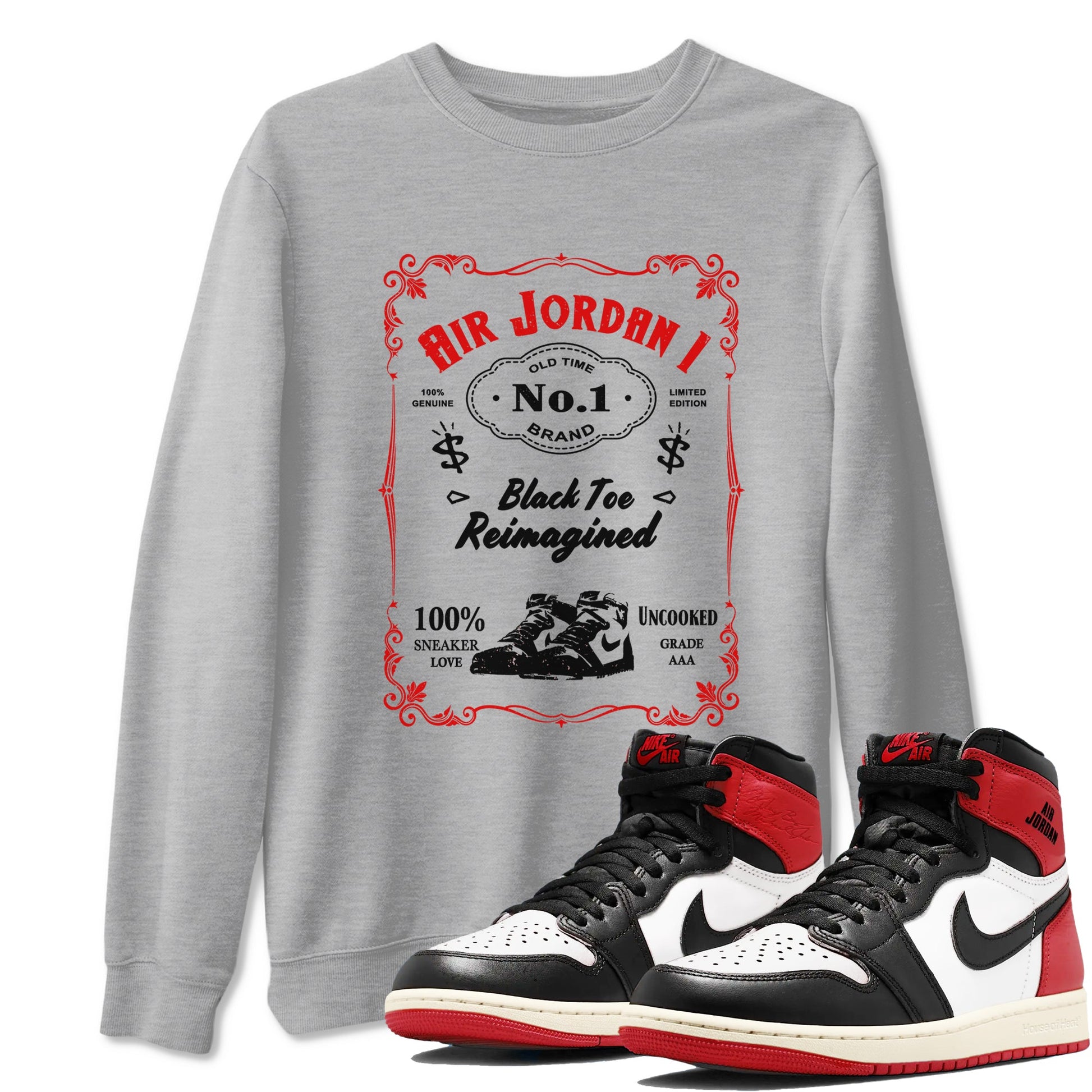 Air Jordan 1 High OG Black Toe Reimagined shirts to match jordans Sneaker Label sneaker match tees 1s Black Toe Reimagined Sneaker Shirts SNRT Sneaker Tees streetwear brand Heather Grey 1 unisex cotton tee