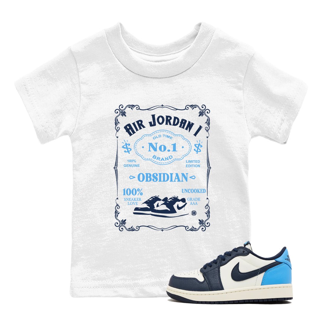 1s Obsidian shirts to match jordans Sneaker Label shirts to match Jordans AJ1 Retro Low OG Obsidian match shoes to clothes SNRT Sneaker Tees Youth Baby White 1 tee