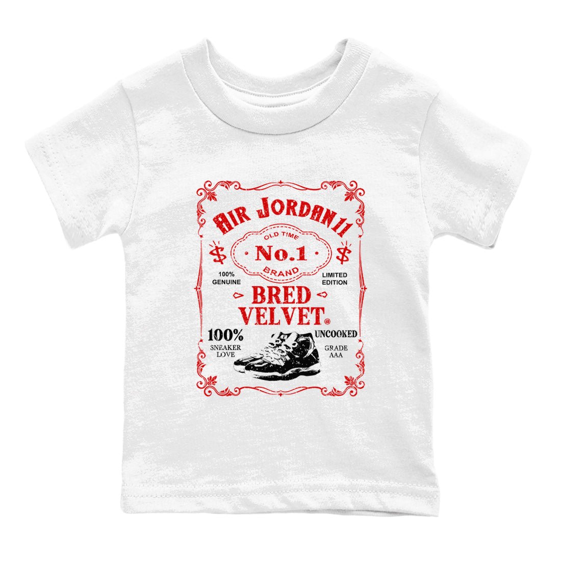 11s Bred Velvet shirts to match jordans Sneaker Label sneaker match tees Air Jordan 11 Retro Bred Velvet match shoes to clothes SNRT Sneaker Tees Youth Baby White 2 tee