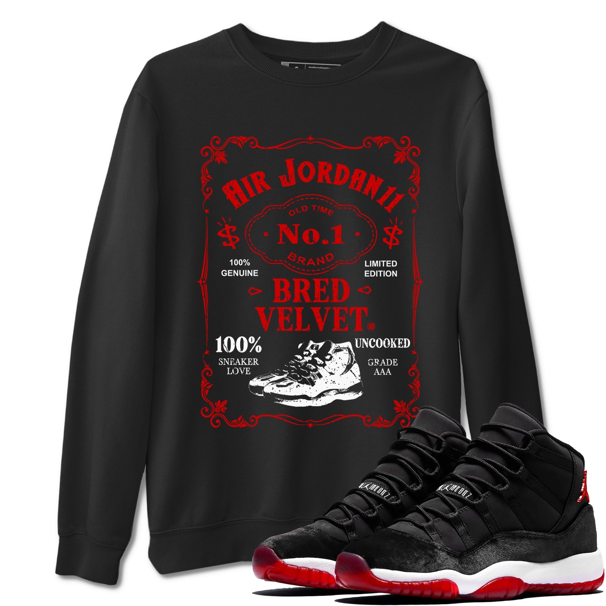 11s Bred Velvet shirts to match jordans Sneaker Label sneaker match tees Air Jordan 11 Retro Bred Velvet match shoes to clothes SNRT Sneaker Tees unisex cotton Black 1 shirts