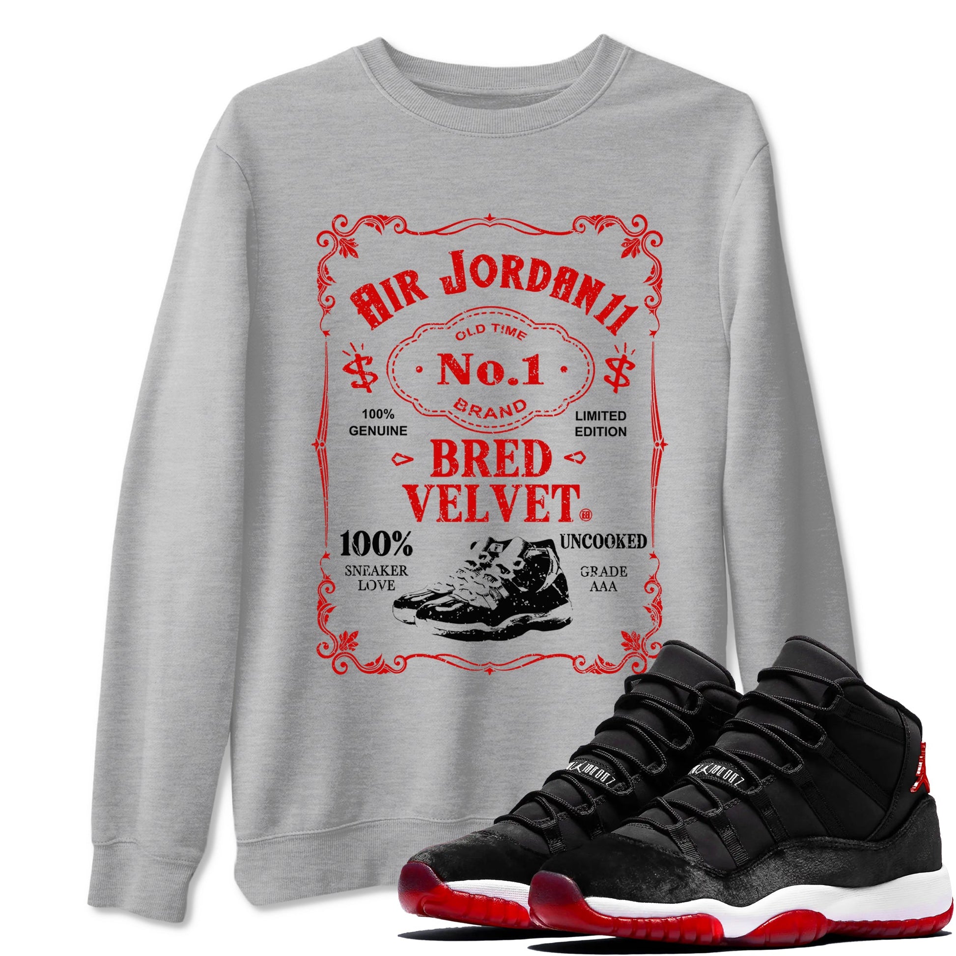 11s Bred Velvet shirts to match jordans Sneaker Label sneaker match tees Air Jordan 11 Retro Bred Velvet match shoes to clothes SNRT Sneaker Tees unisex cotton Heather Grey 1 shirts