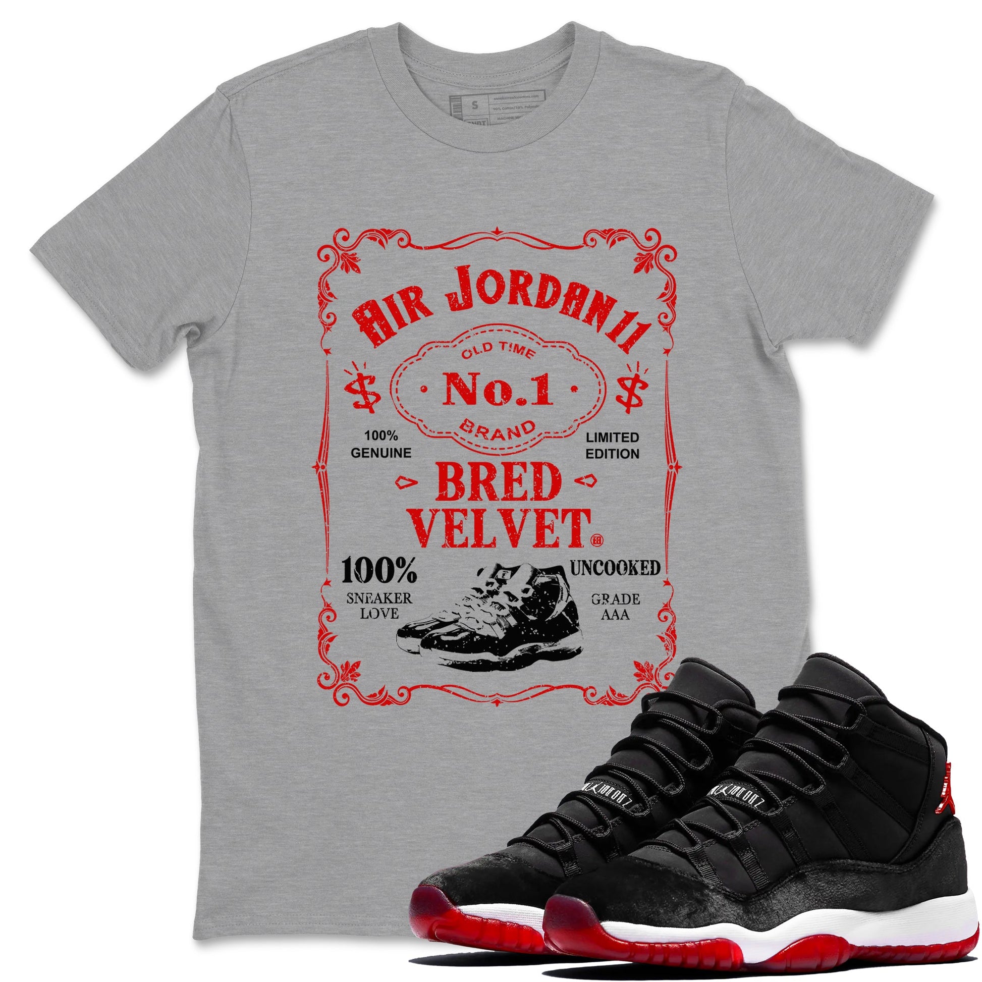 11s Bred Velvet shirts to match jordans Sneaker Label sneaker match tees Air Jordan 11 Retro Bred Velvet match shoes to clothes SNRT Sneaker Tees unisex cotton Heather Grey 1 shirts