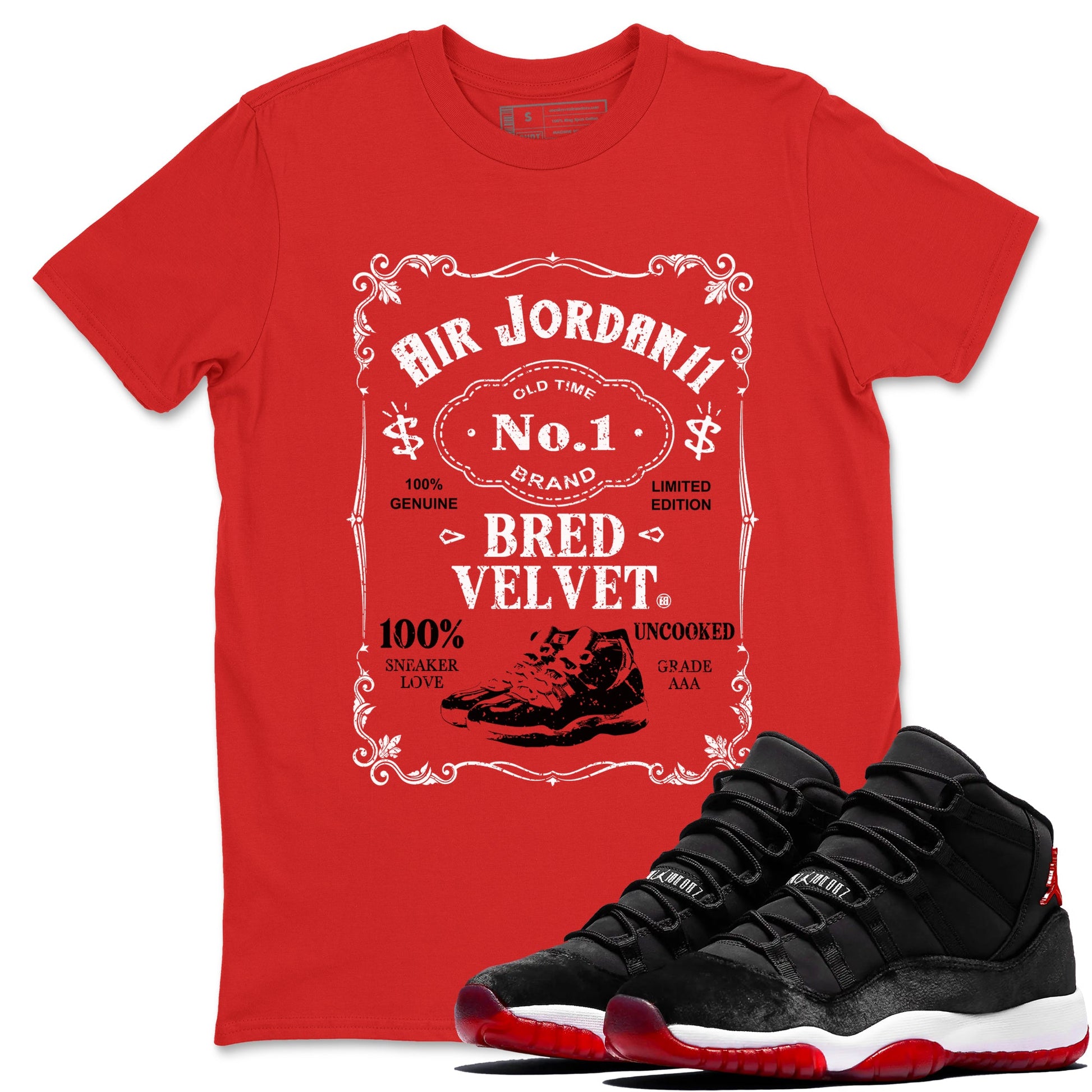 11s Bred Velvet shirts to match jordans Sneaker Label sneaker match tees Air Jordan 11 Retro Bred Velvet match shoes to clothes SNRT Sneaker Tees unisex cotton Red 1 shirts
