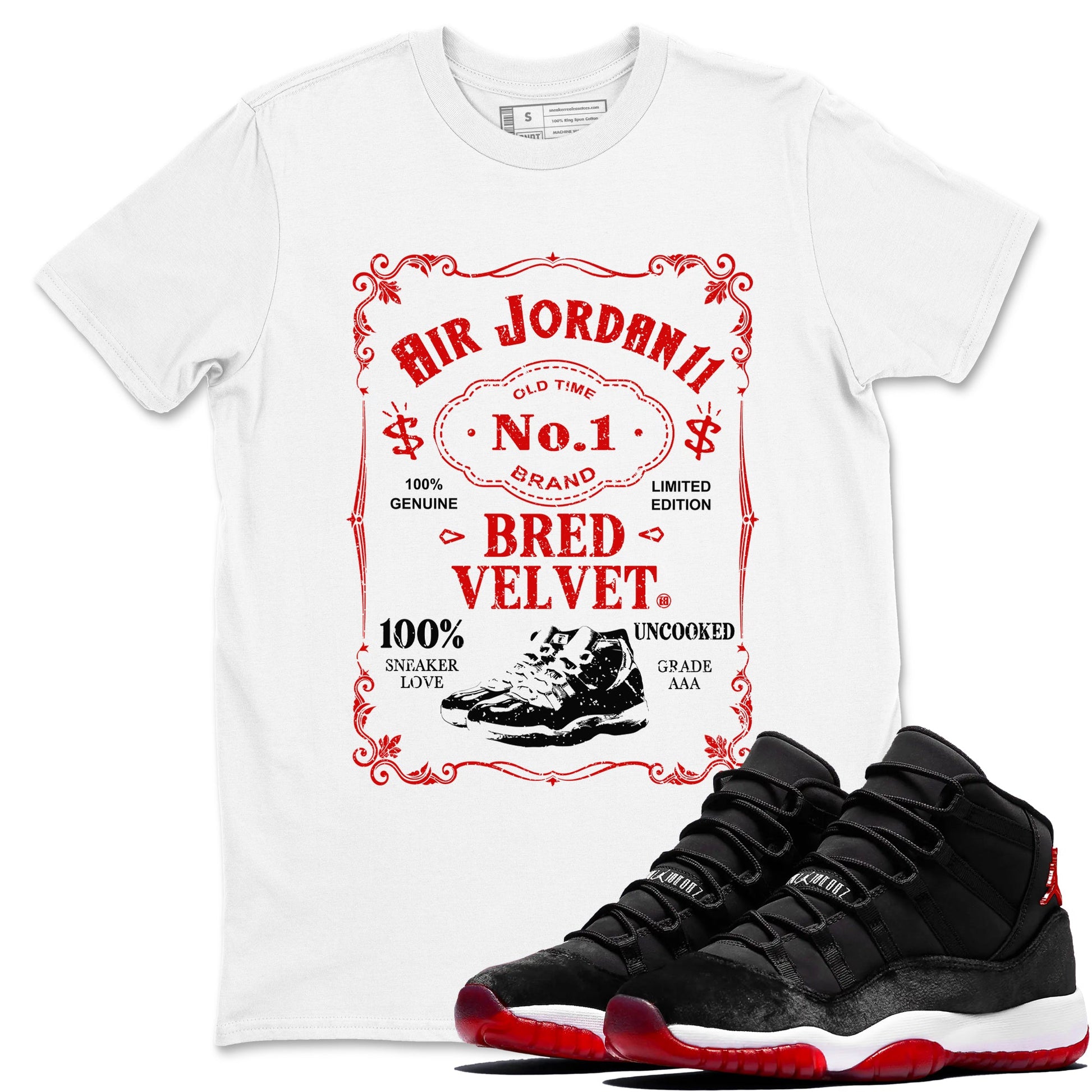 11s Bred Velvet shirts to match jordans Sneaker Label sneaker match tees Air Jordan 11 Retro Bred Velvet match shoes to clothes SNRT Sneaker Tees unisex cotton White 1 shirts
