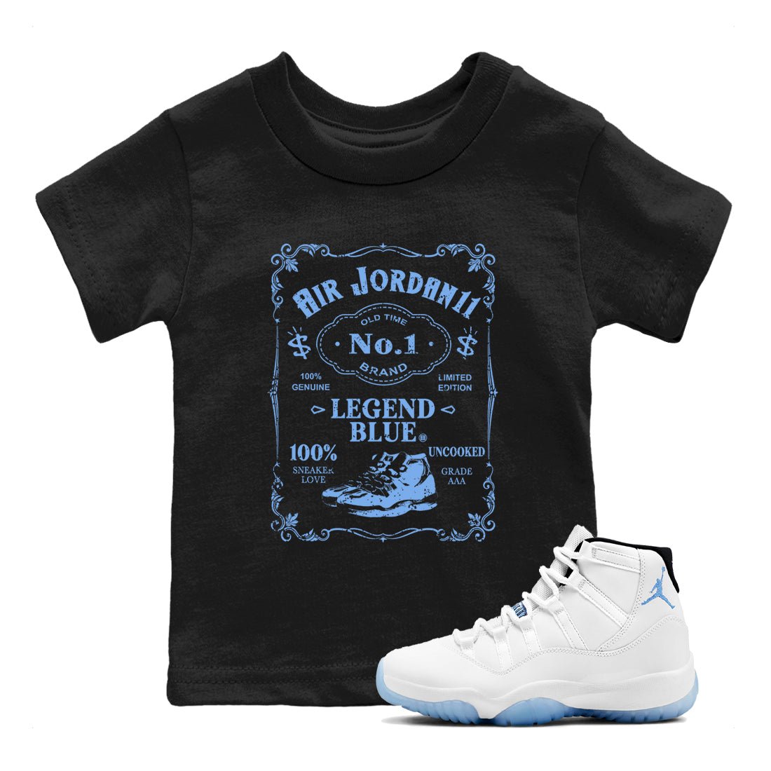 AJ11 Retro Legend Blue shirts to match jordans Sneaker Label best t shirts to wear with jordans 11s Legend Blue match shoes to clothes SNRT Sneaker Tees Youth Baby Black 1 tee