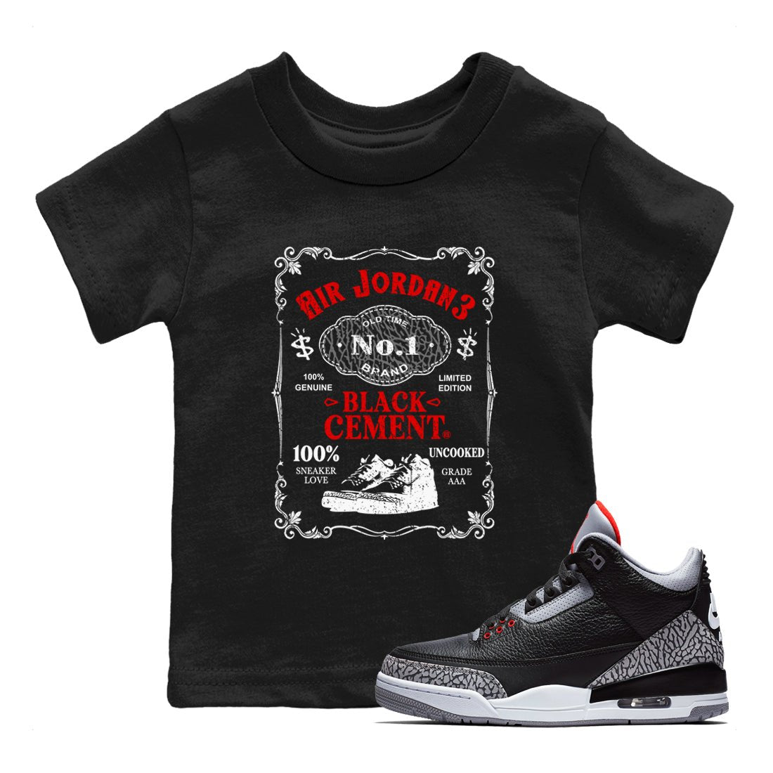 3s Black Cement shirts to match jordans Sneaker Label sneaker match tees Air Jordan 3 Retro OG Black Cement match shoes to clothes SNRT Sneaker Tees Youth Baby Black 1 tee