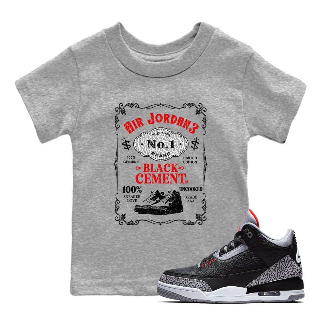 3s Black Cement shirts to match jordans Sneaker Label sneaker match tees Air Jordan 3 Retro OG Black Cement match shoes to clothes SNRT Sneaker Tees Youth Baby Heather Grey 1 tee