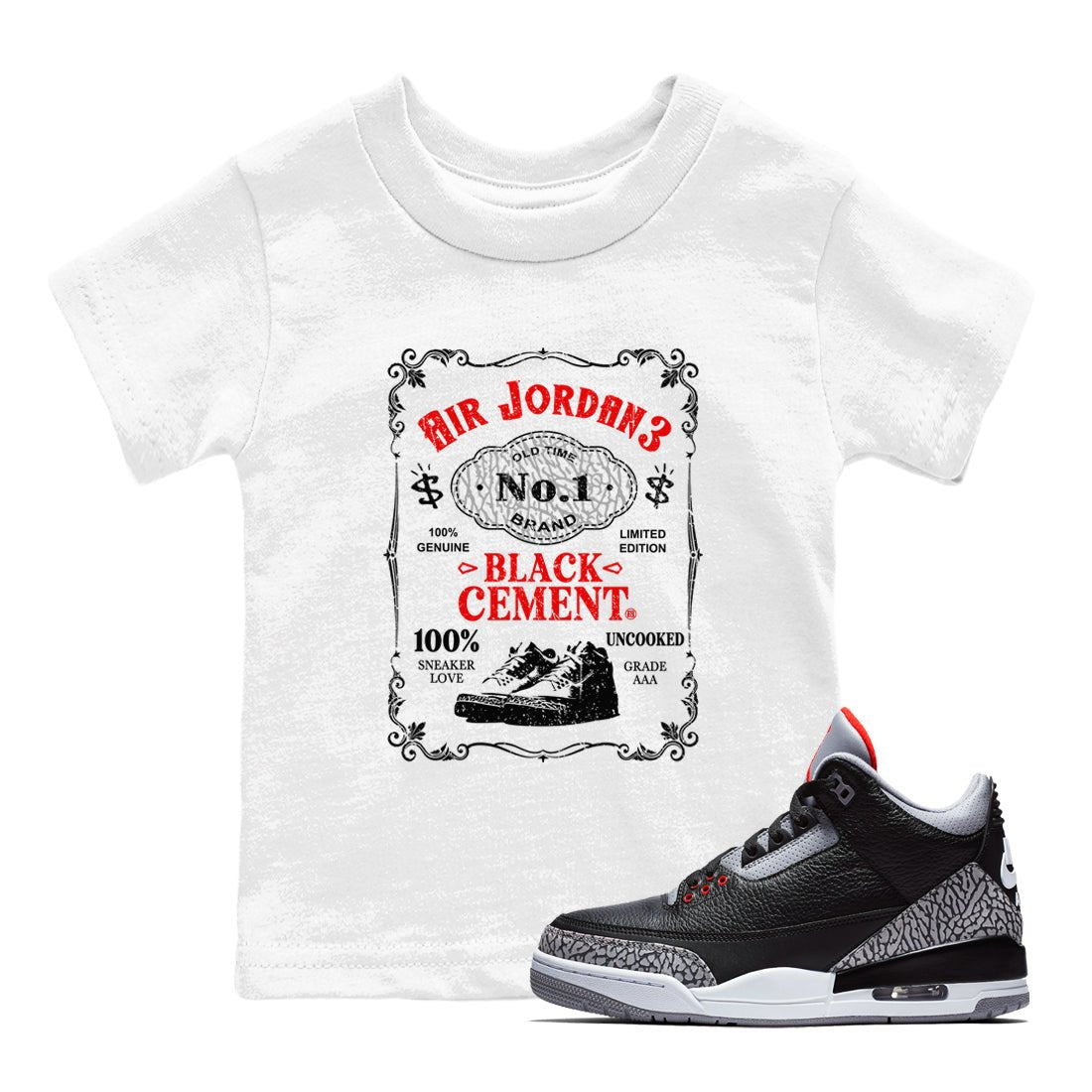 3s Black Cement shirts to match jordans Sneaker Label sneaker match tees Air Jordan 3 Retro OG Black Cement match shoes to clothes SNRT Sneaker Tees Youth Baby White 1 tee