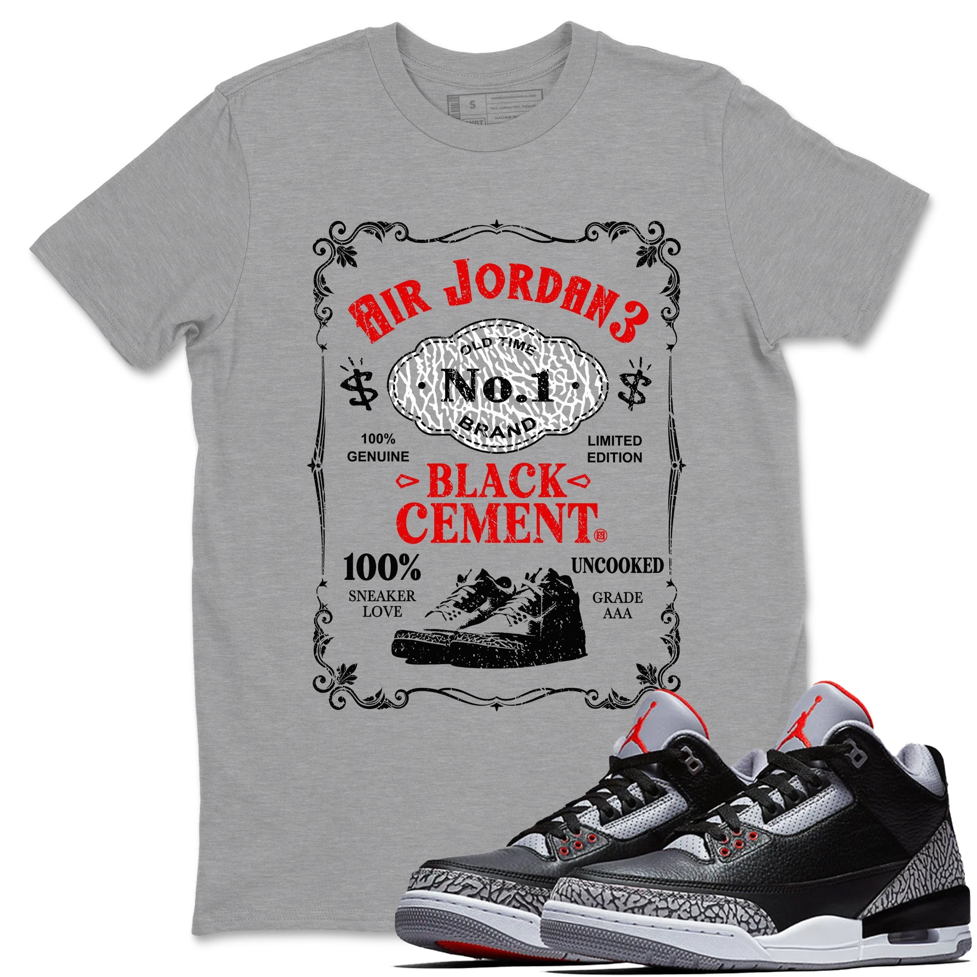 3s Black Cement shirts to match jordans Sneaker Label sneaker match tees Air Jordan 3 Retro OG Black Cement match shoes to clothes SNRT Sneaker Tees unisex cotton Heather Grey 1 shirts