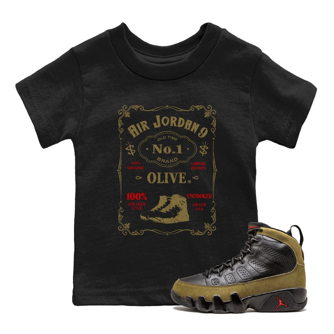 9s Olive shirts to match jordans Sneaker Label sneaker match tees Air Jordan 9 Olive match shoes to clothes SNRT Sneaker Tees Youth Baby Black 1 tee