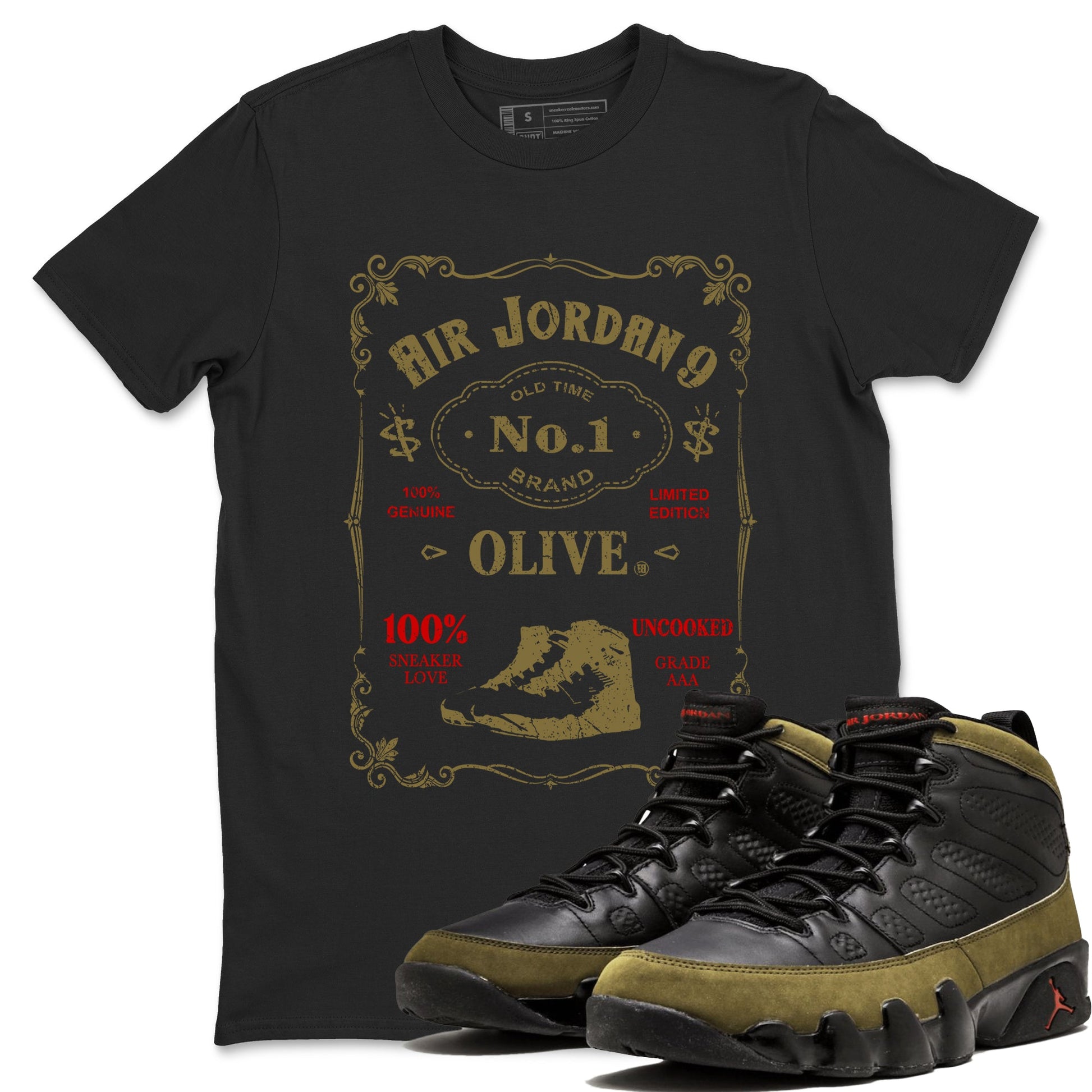 9s Olive shirts to match jordans Sneaker Label sneaker match tees Air Jordan 9 Olive match shoes to clothes SNRT Sneaker Tees unisex cotton Black 1 shirts